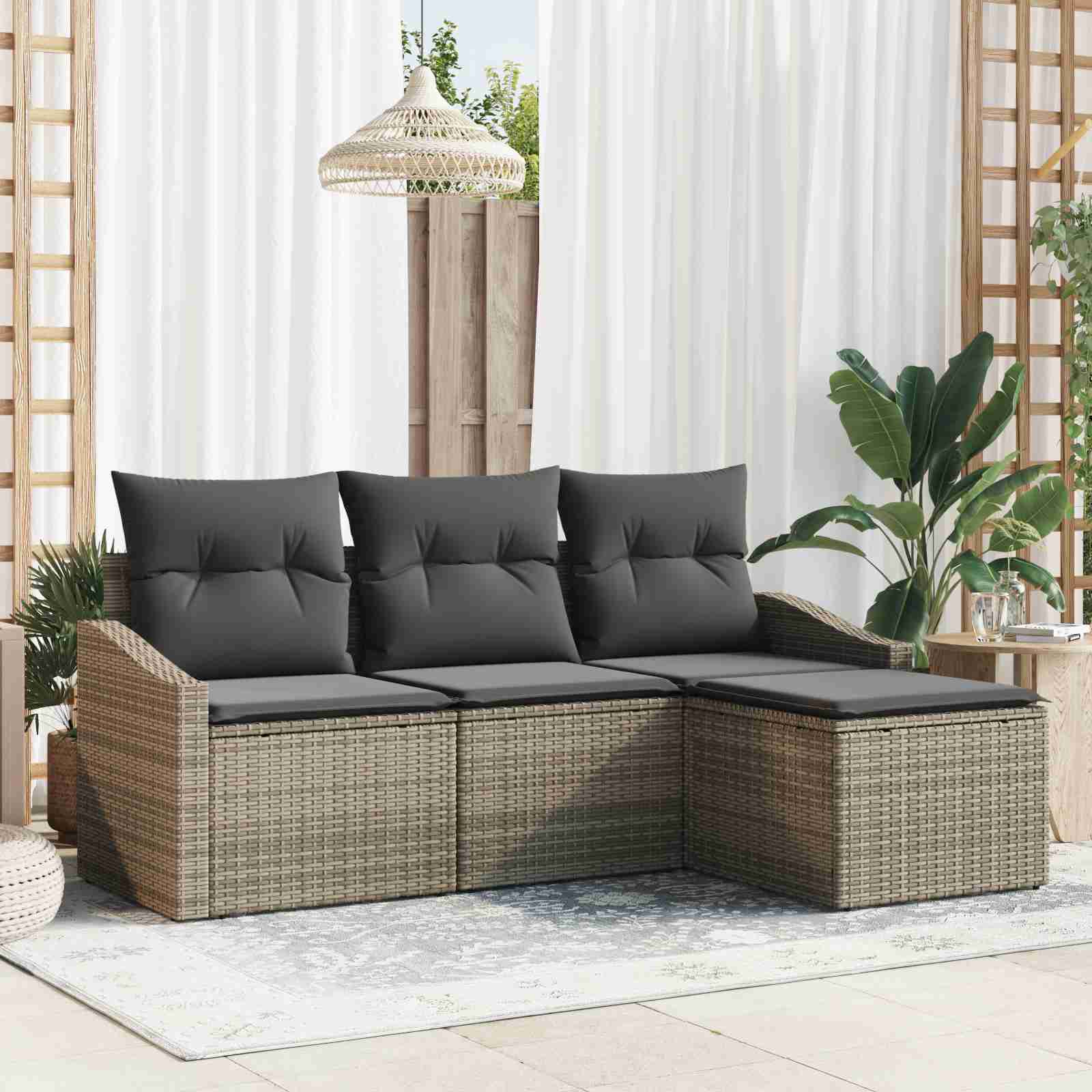 4-teiliges Garten Sofa Set mit Kissen Grau Poly Rattan