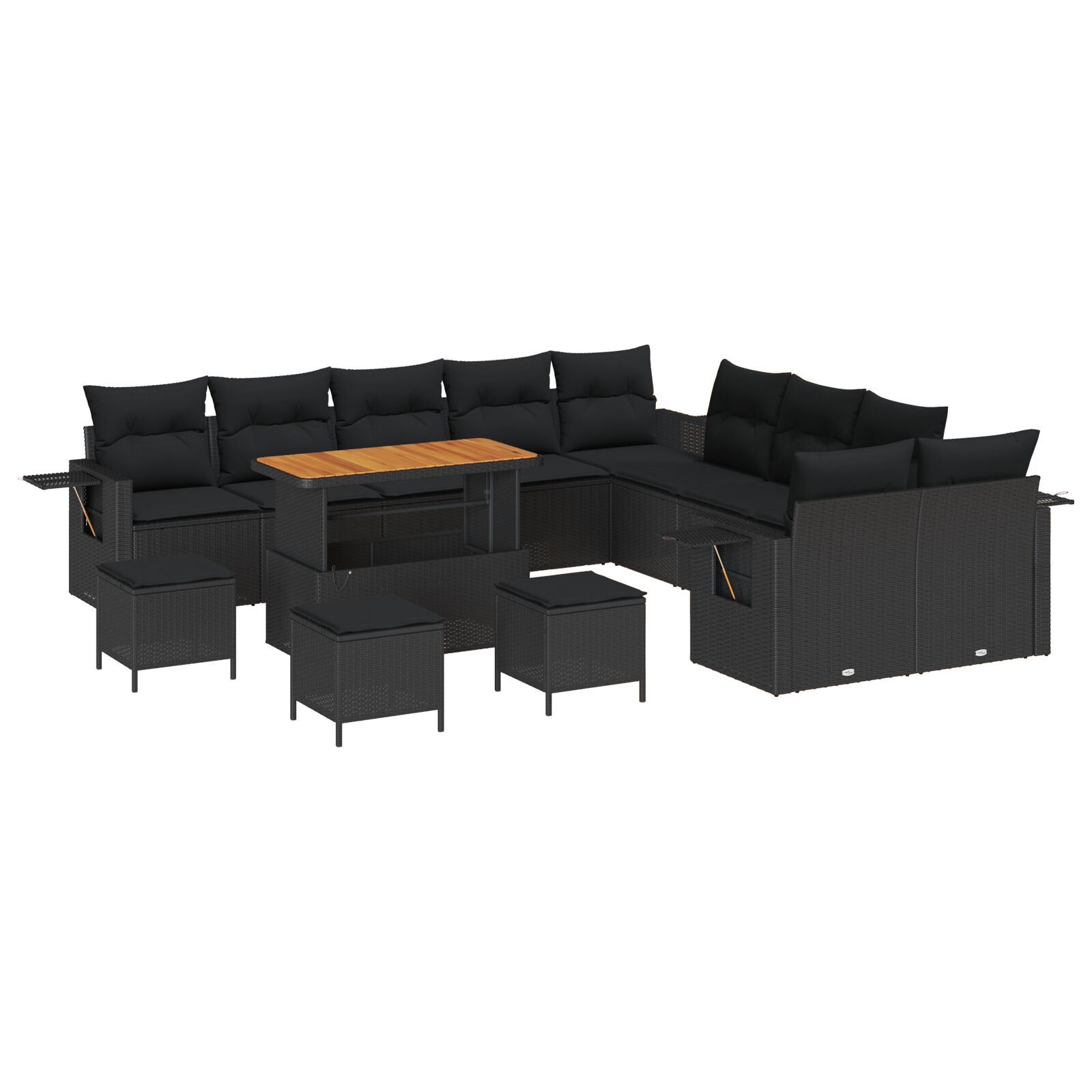14-teilige Garten-Sofa-Set mit Kissen Schwarz Poly-Rattan Akazie, 4-teiliges Garten-Esstisch-Set mit Kissen Schwarz Poly-Rattan Akazie