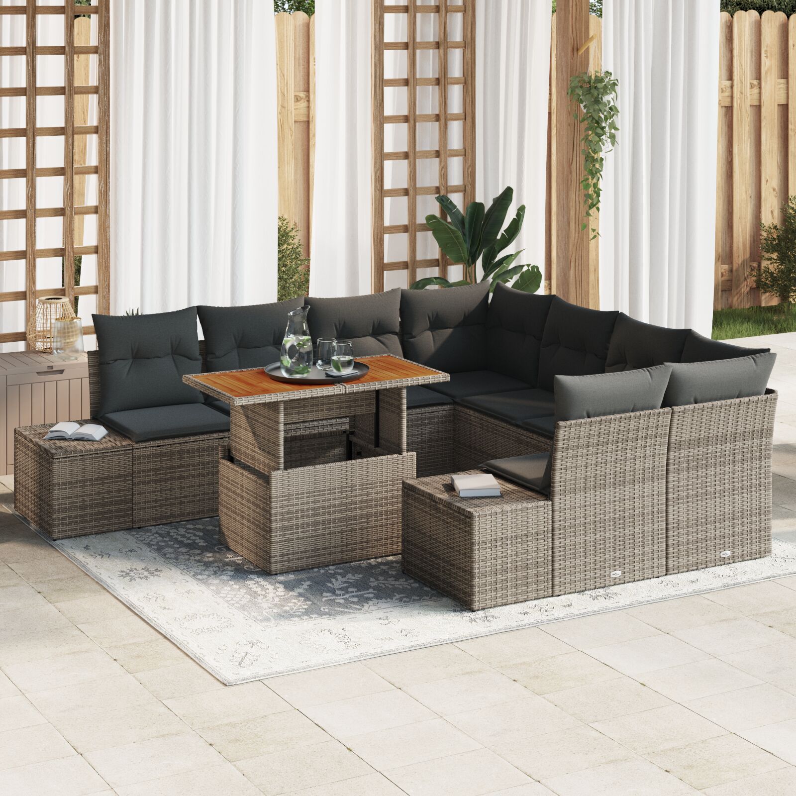 9-teiliges Garten-Sofa-Set mit Kissen Grau Poly-Rattan 9-teiliges Garten-Sofa-Set mit Kissen Grau Poly-Rattan