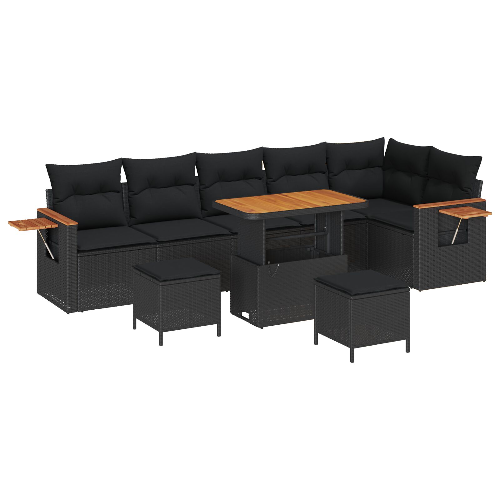 9-teiliges Garten Sofa Set mit Kissen Schwarz Poly Rattan Akazie, 3-teilige Garten Essgruppe mit Kissen Schwarz Poly Rattan Akazie