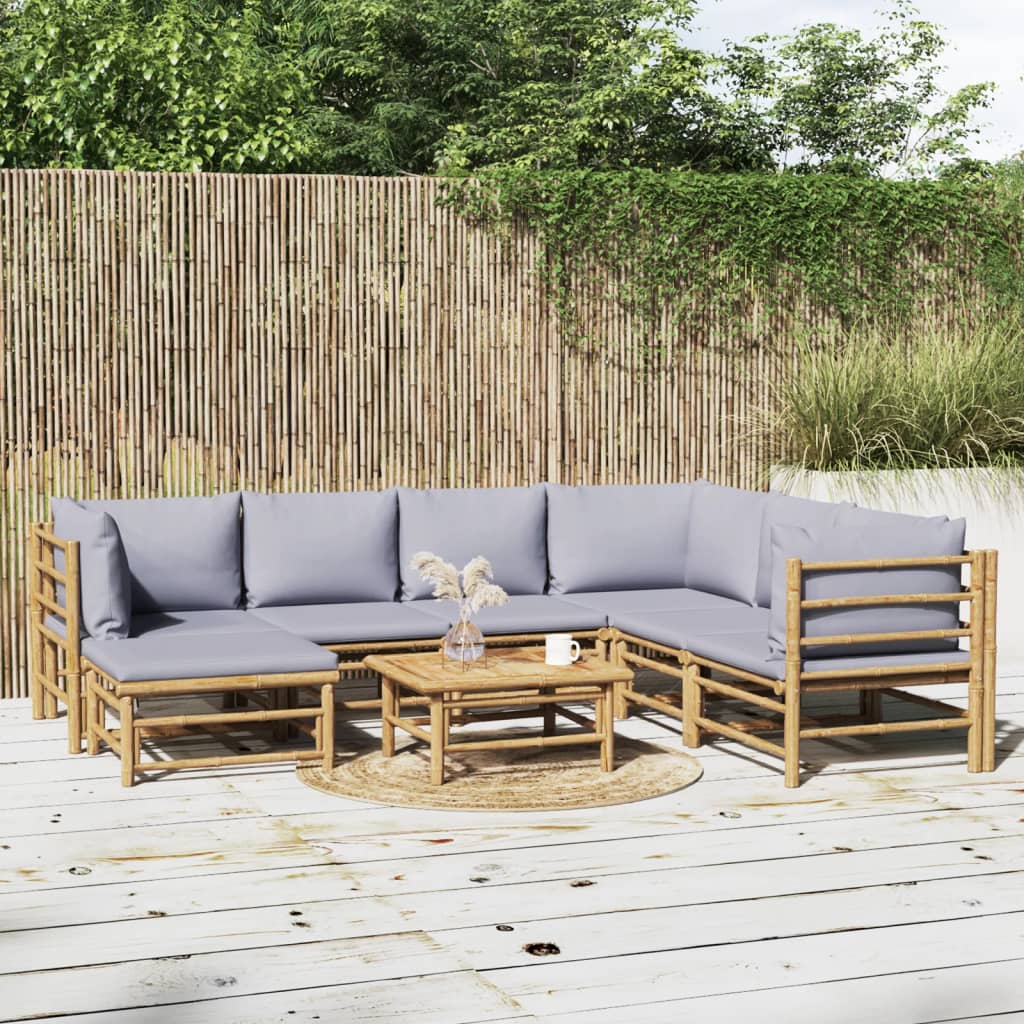 8-tlg. Garten-Lounge-Set mit Kissen Hellgrau Bambus 8-tlg. Garten-Lounge-Set mit Kissen Hellgrau Bambus