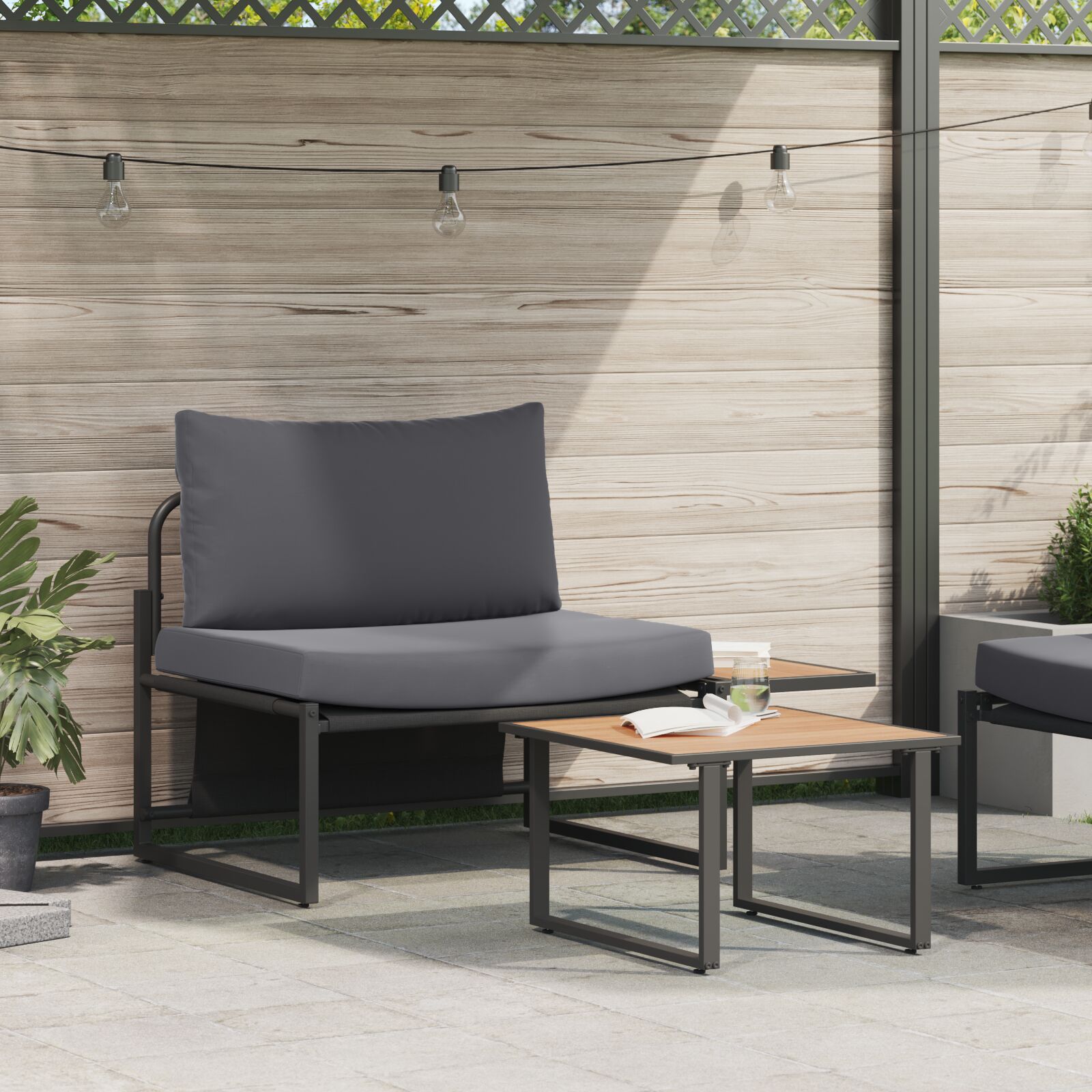 2-teiliges Garten-Sofa-Set mit einem Einzel-Sessel und anthrazitfarbenen Kissen