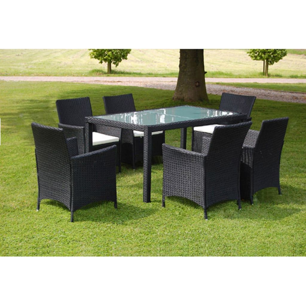 7-tlg. Garten-Essgruppe mit Auflagen Poly Rattan Schwarz 7-tlg. Garten-Essgruppe mit Auflagen Poly Rattan Schwarz