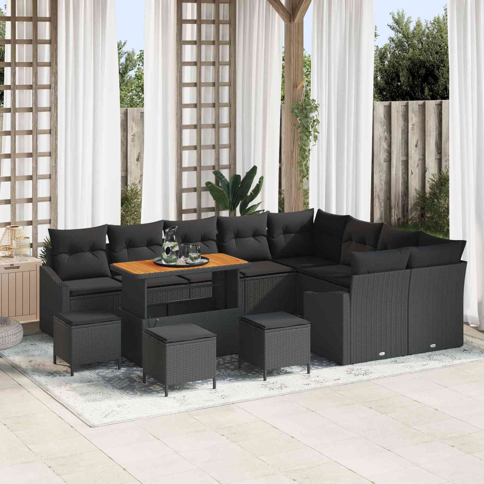 13-teilige Garten Sofa Set mit Kissen Schwarz Poly Rattan Akazie