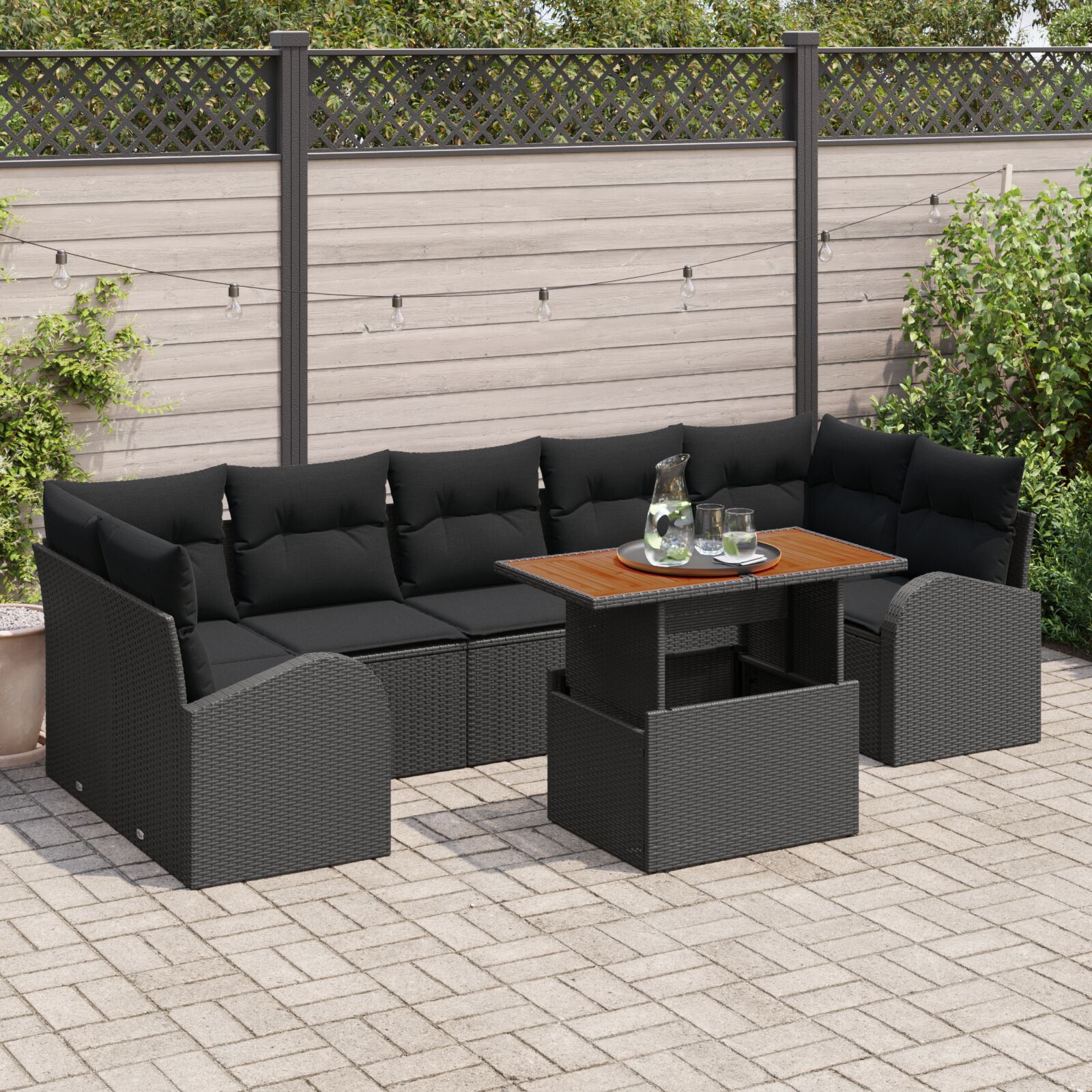 8-teiliges Garten Essgruppe mit Kissen Schwarz Poly Rattan Akazie 8-teiliges Garten Essgruppe mit Kissen Schwarz Poly Rattan Akazie