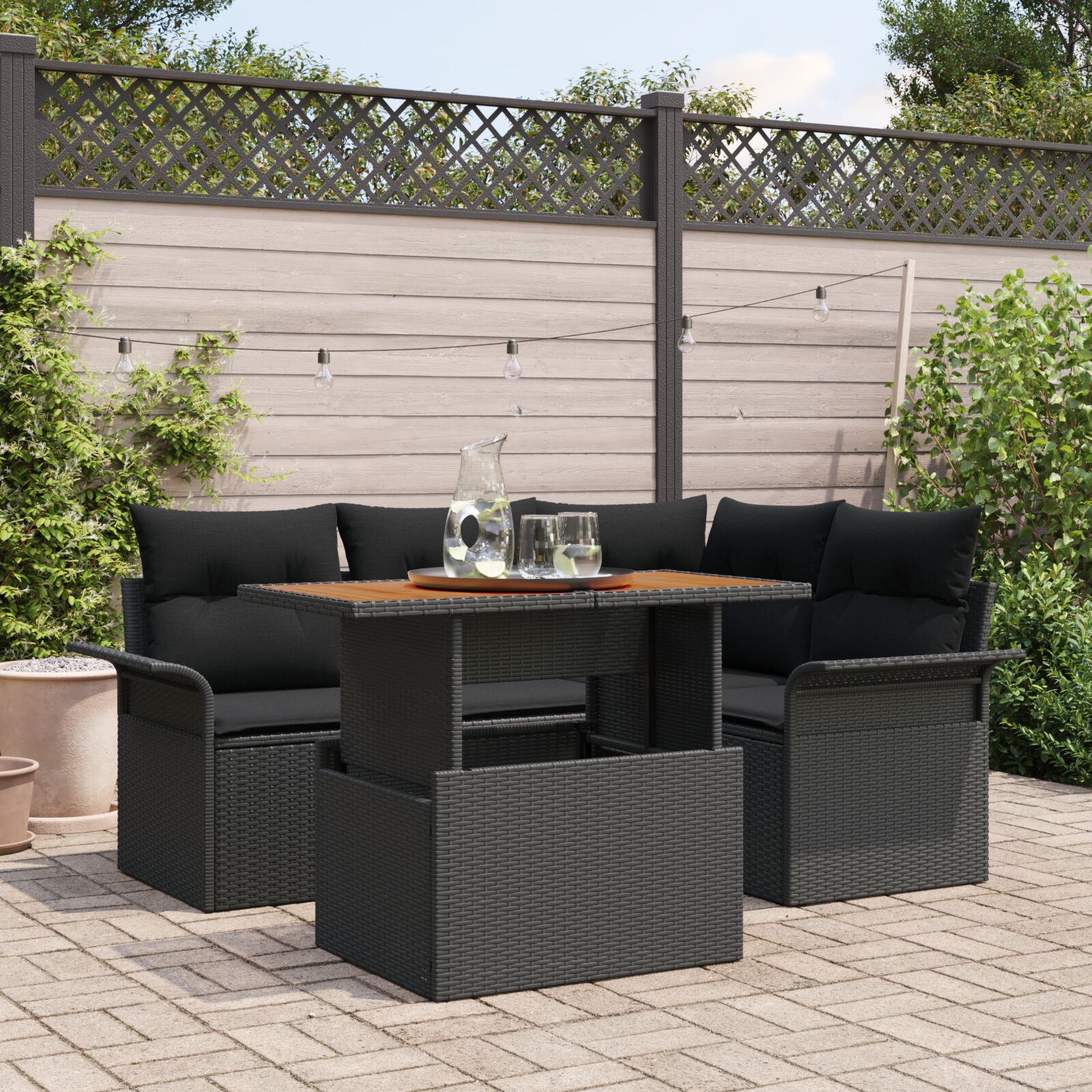 5-teiliges Garten Essset mit Kissen Schwarz Poly Rattan Akazie