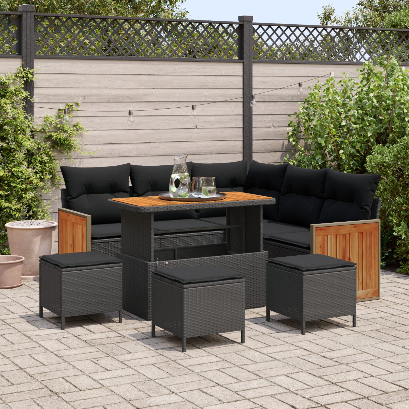9-teiliges Garten Sofa Set mit Kissen Schwarz Poly Rattan Akazie 9-teiliges Garten Sofa Set mit Kissen Schwarz Poly Rattan Akazie