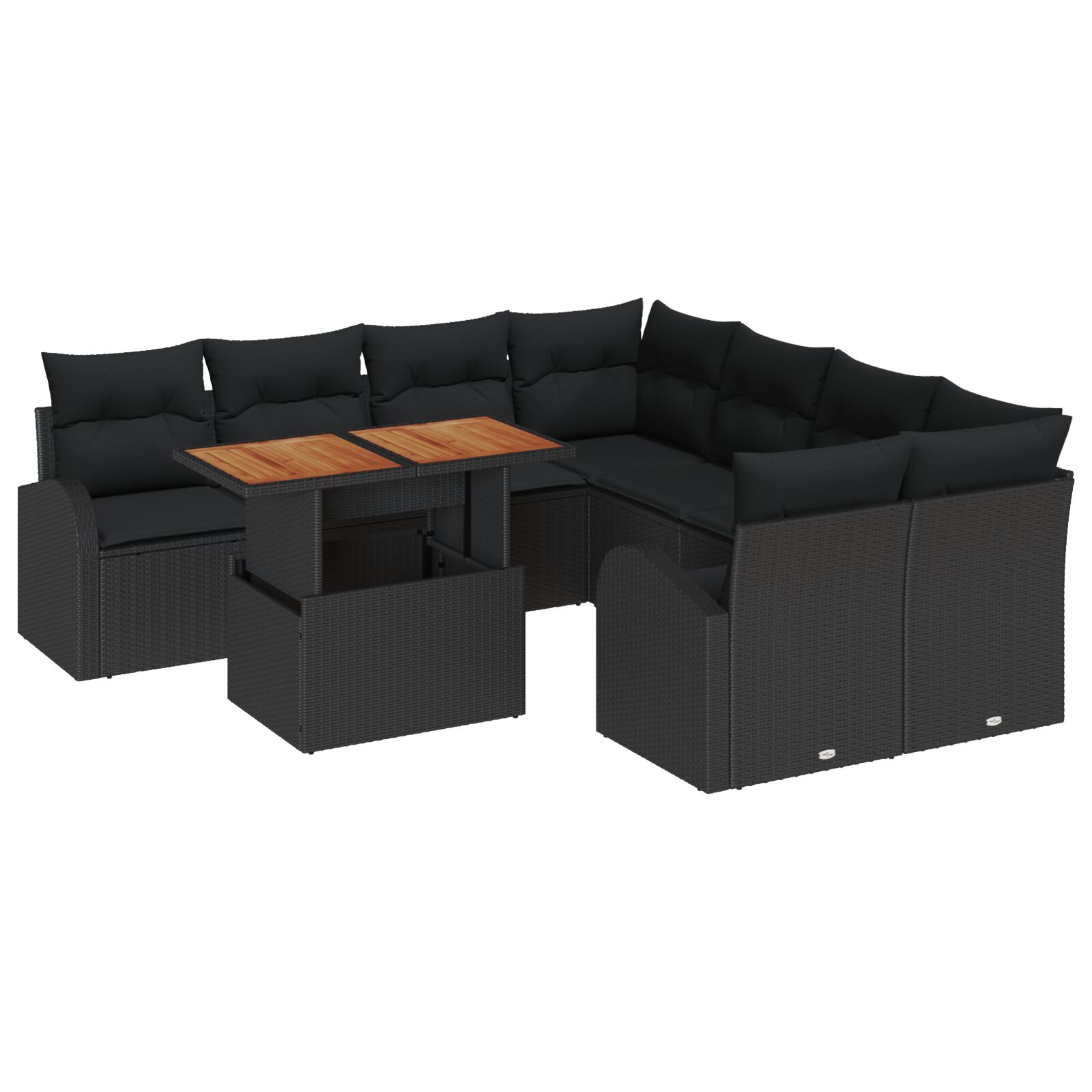 9-teiliges Garten Sofa Set mit Kissen, schwarzes Poly-Rattan, 2-Sitzer Garten Sofa mit Stauraum & Kissen, schwarzes Poly-Rattan