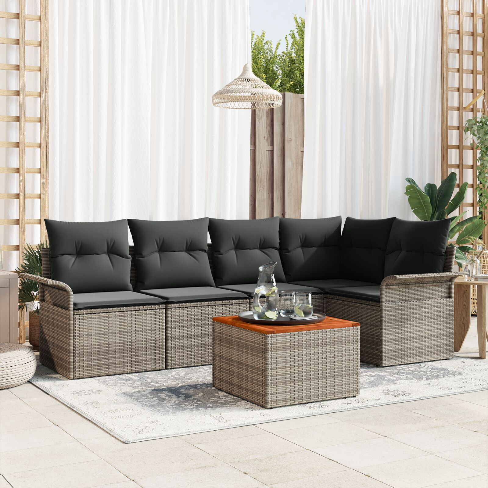 6-teiliges Garten-Sofa-Set mit Kissen Grau Poly-Rattan Akazie 6-teiliges Garten-Sofa-Set mit Kissen Grau Poly-Rattan Akazie