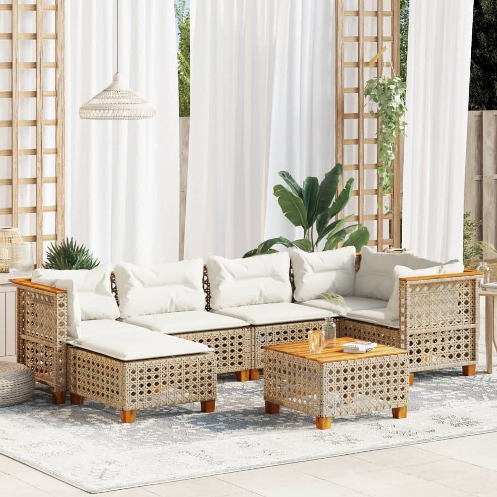 7-tlg. Garten-Sofagarnitur mit Kissen Beige Poly Rattan