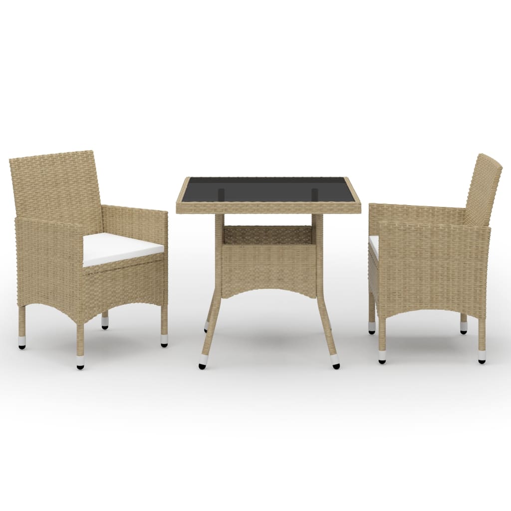 3-tlg. Garten-Essgruppe Beige Poly Rattan und Glas 3-tlg. Garten-Essgruppe Beige Poly Rattan und Glas