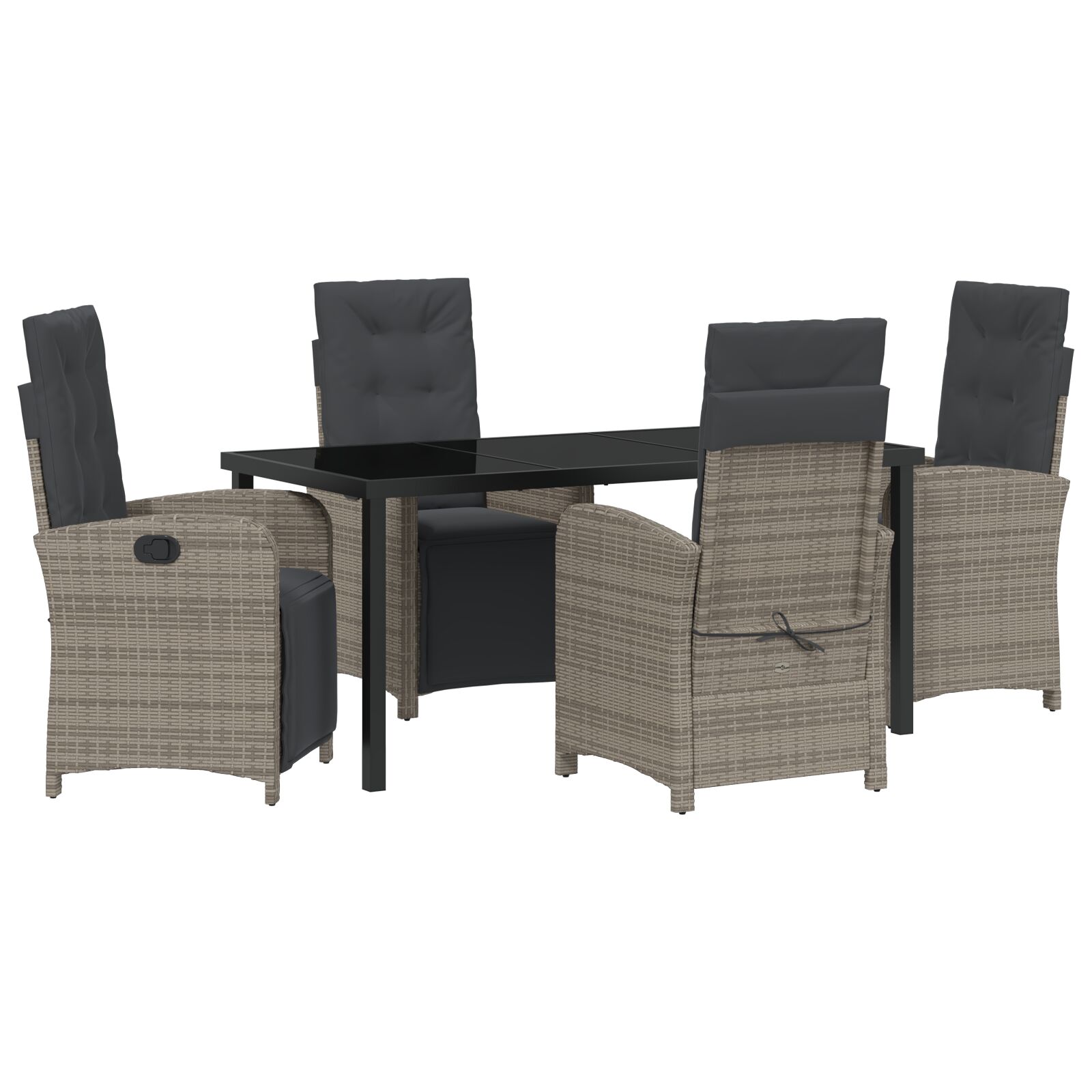 5-teiliges Garten Essset mit Kissen Grau Poly Rattan, Gartentisch Schwarz 160x80x73 cm Sicherheitsglas