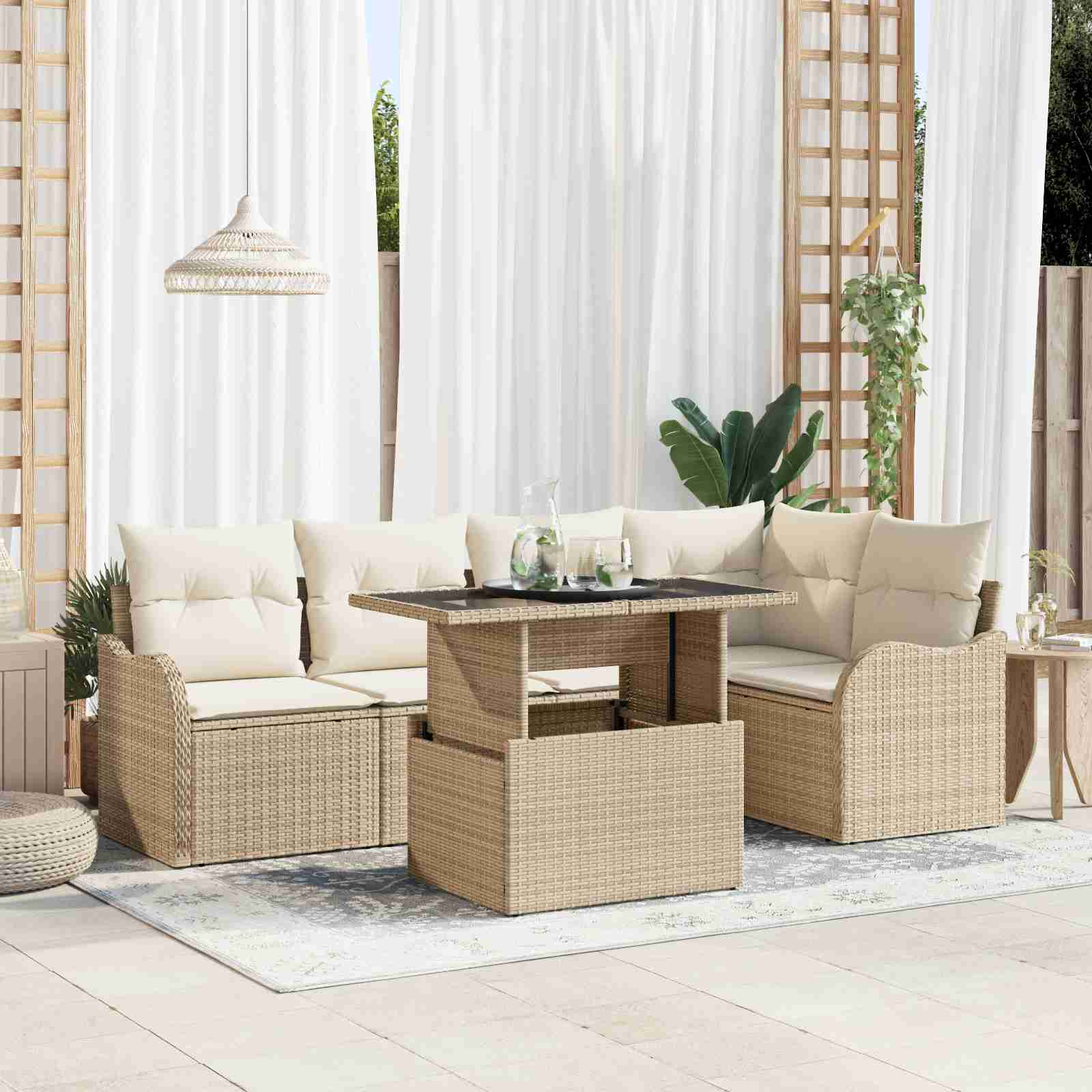 6-teiliges Garten Sofa Set mit Kissen Beige Poly Rattan 6-teiliges Garten Sofa Set mit Kissen Beige Poly Rattan
