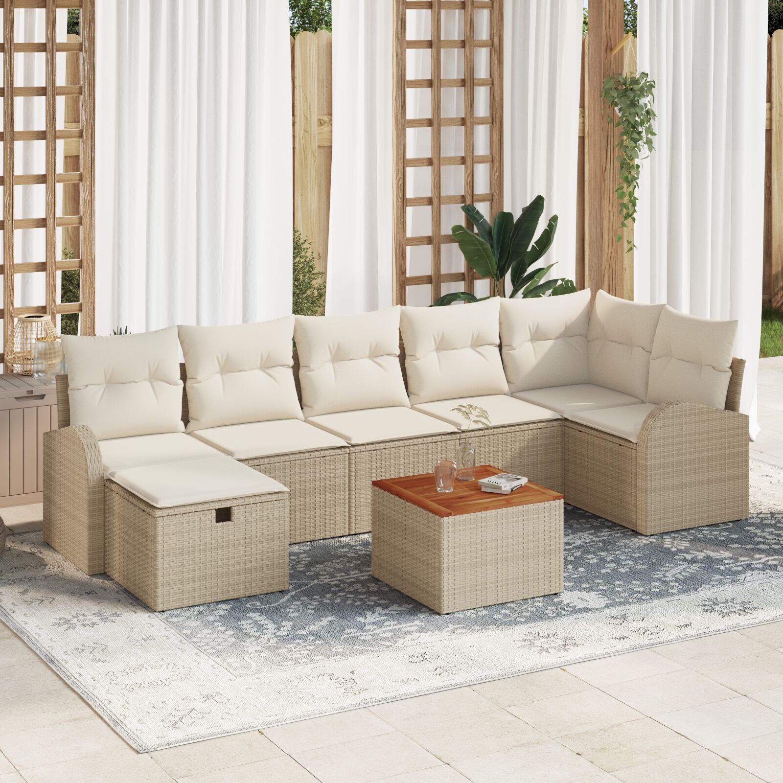 8-teiliges Garten Sofa Set mit Kissen Beige Poly Rattan