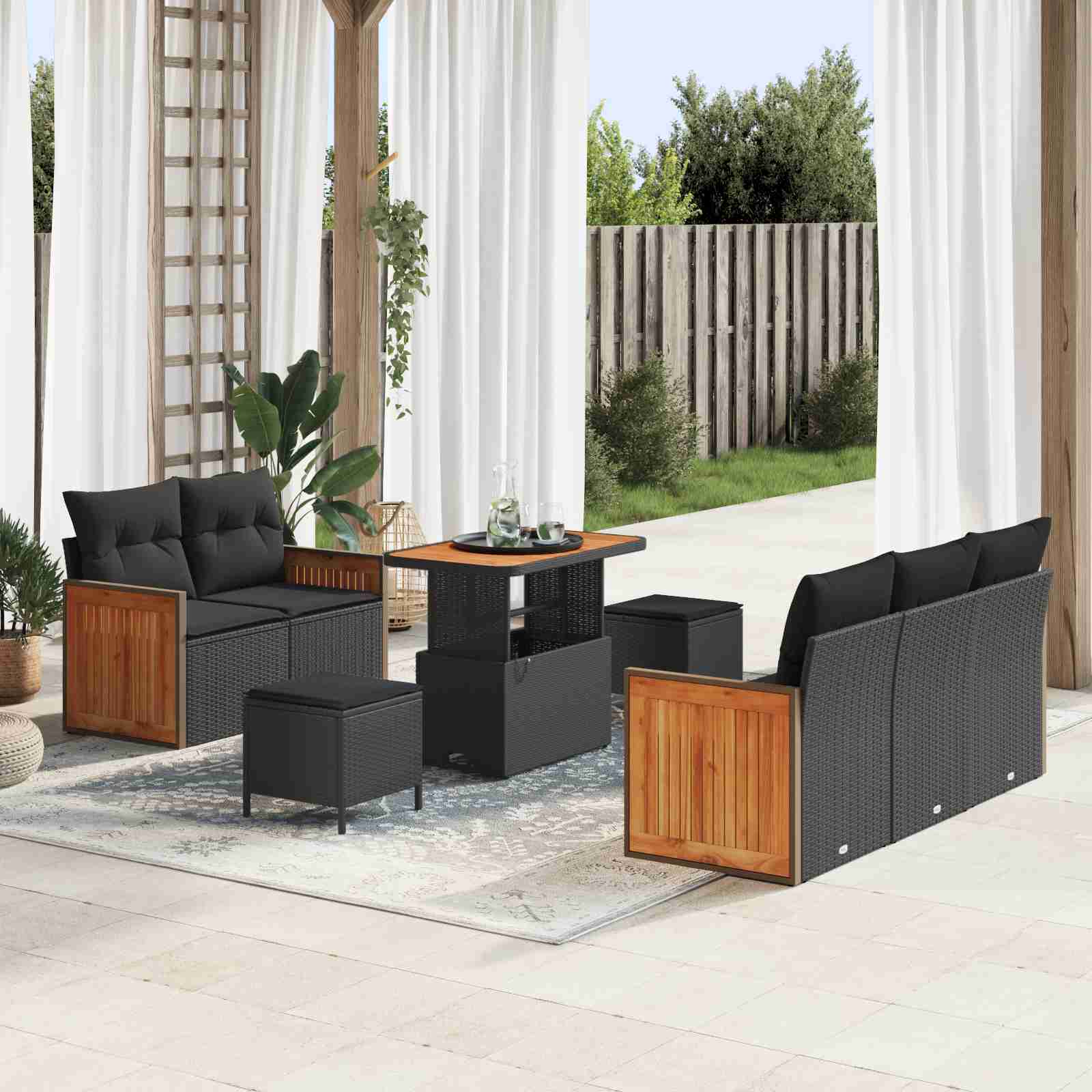8-teiliges Garten Sofa Set mit Kissen Schwarz Poly Rattan Akazie