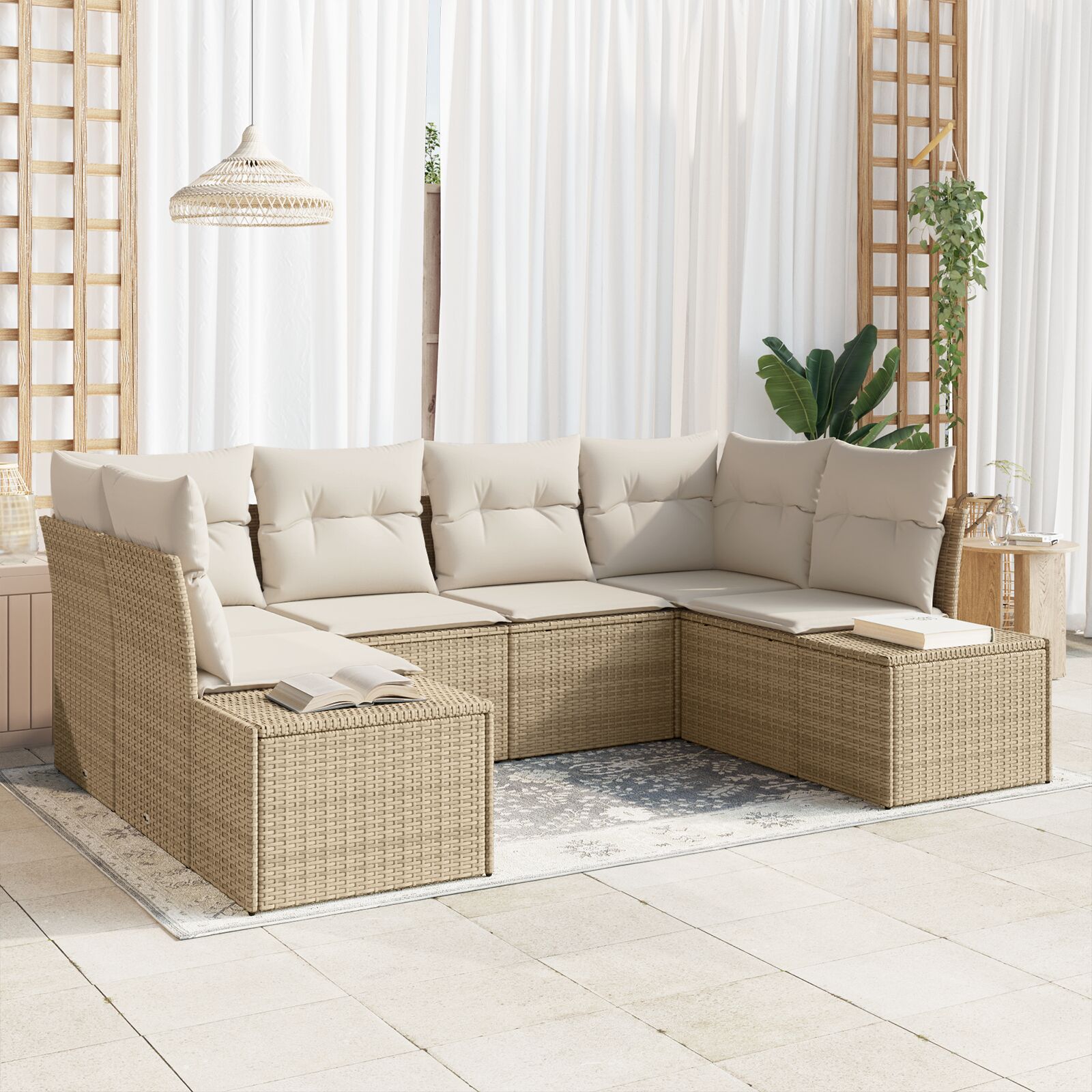 6-teiliges Garten Sofa Set mit Kissen Beige Poly Rattan