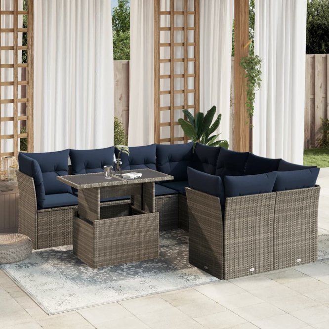 9-teiliges Gartensofa-Set mit Kissen, grau, Polyrattan