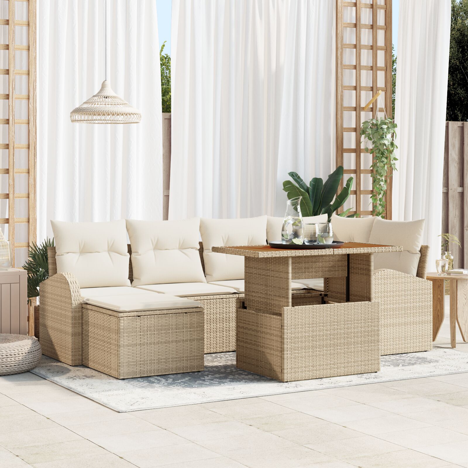 7-tlg Garten Essgruppe mit Kissen Beige Poly Rattan Akazie 7-tlg Garten Essgruppe mit Kissen Beige Poly Rattan Akazie
