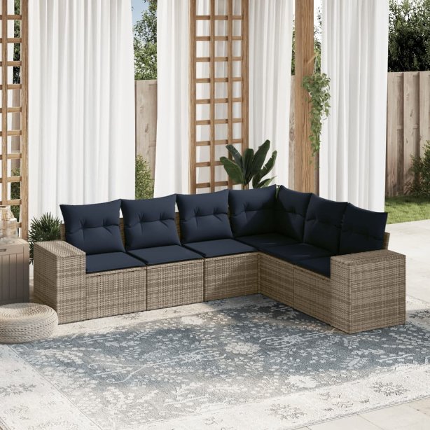 6-teiliges Gartensofa-Set mit Kissen, grau, Polyrattan 6-teiliges Gartensofa-Set mit Kissen, grau, Polyrattan