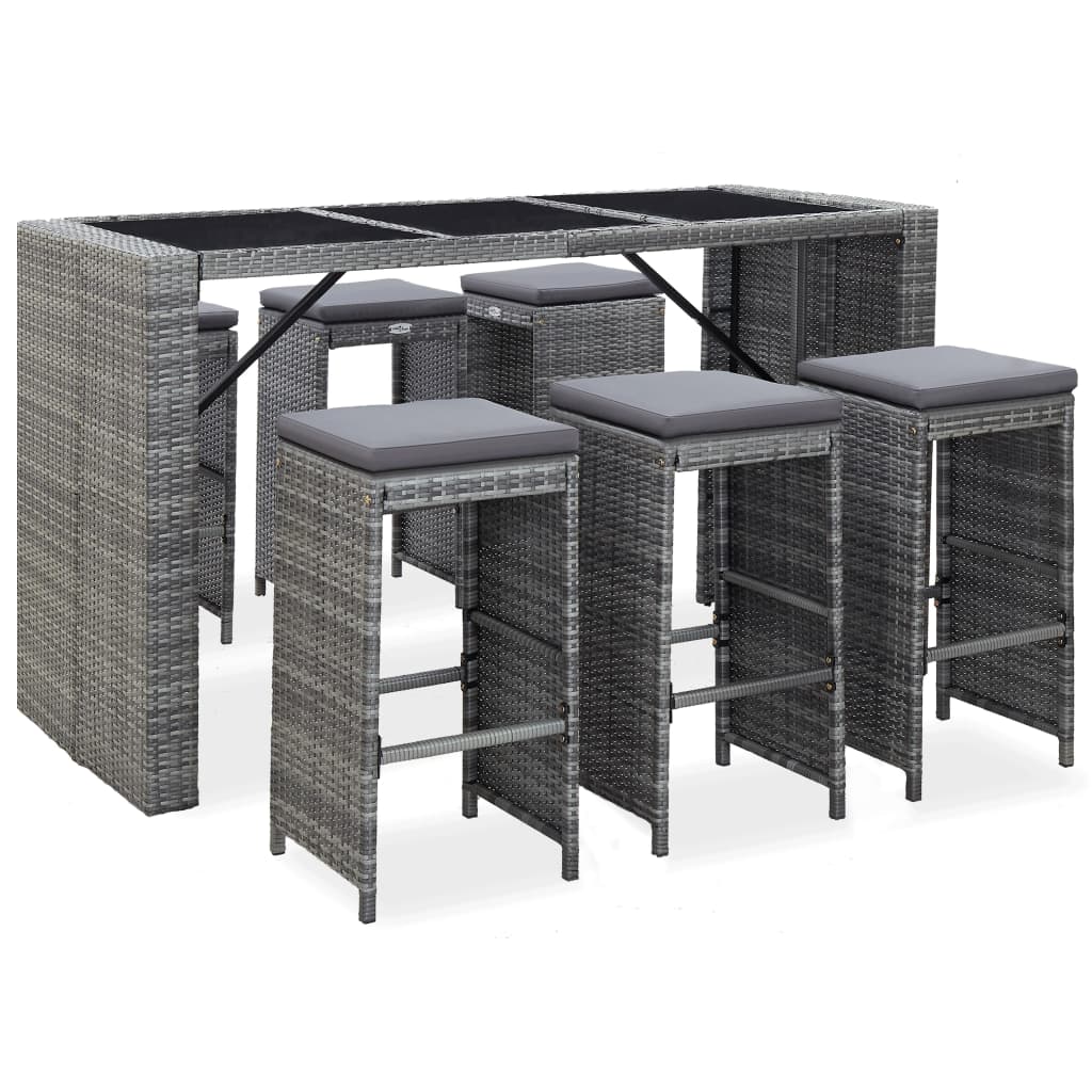 7-tlg. Gartenbar-Set mit Auflagen Poly Rattan Grau 7-tlg. Gartenbar-Set mit Auflagen Poly Rattan Grau