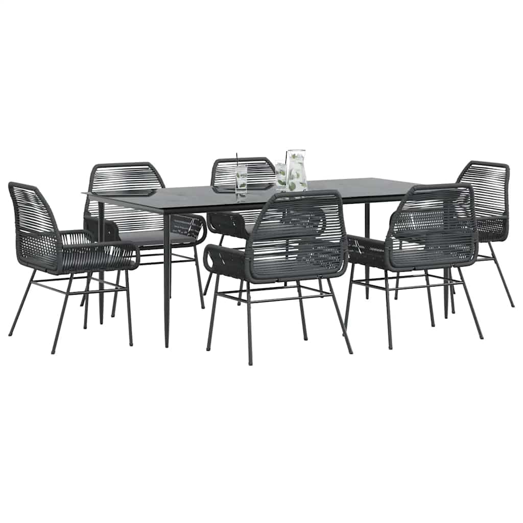 vidaXL 7-tlg. Garten-Essgruppe mit Kissen Schwarz Poly Rattan Glas