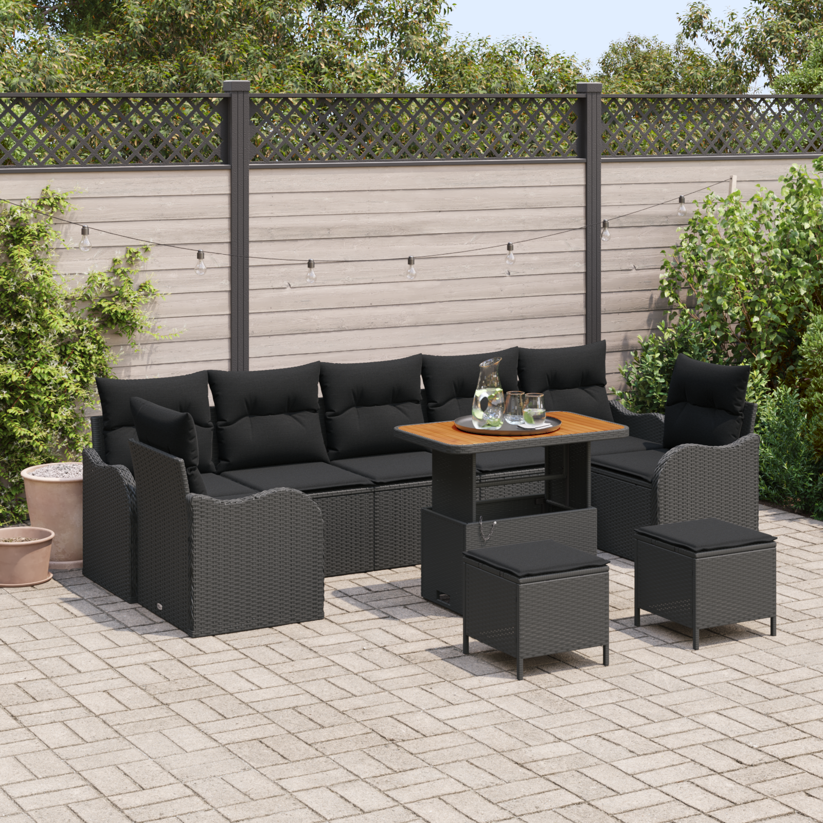 10-teiliges Garten Sofa Set mit Kissen schwarzes Poly Rattan Akazie