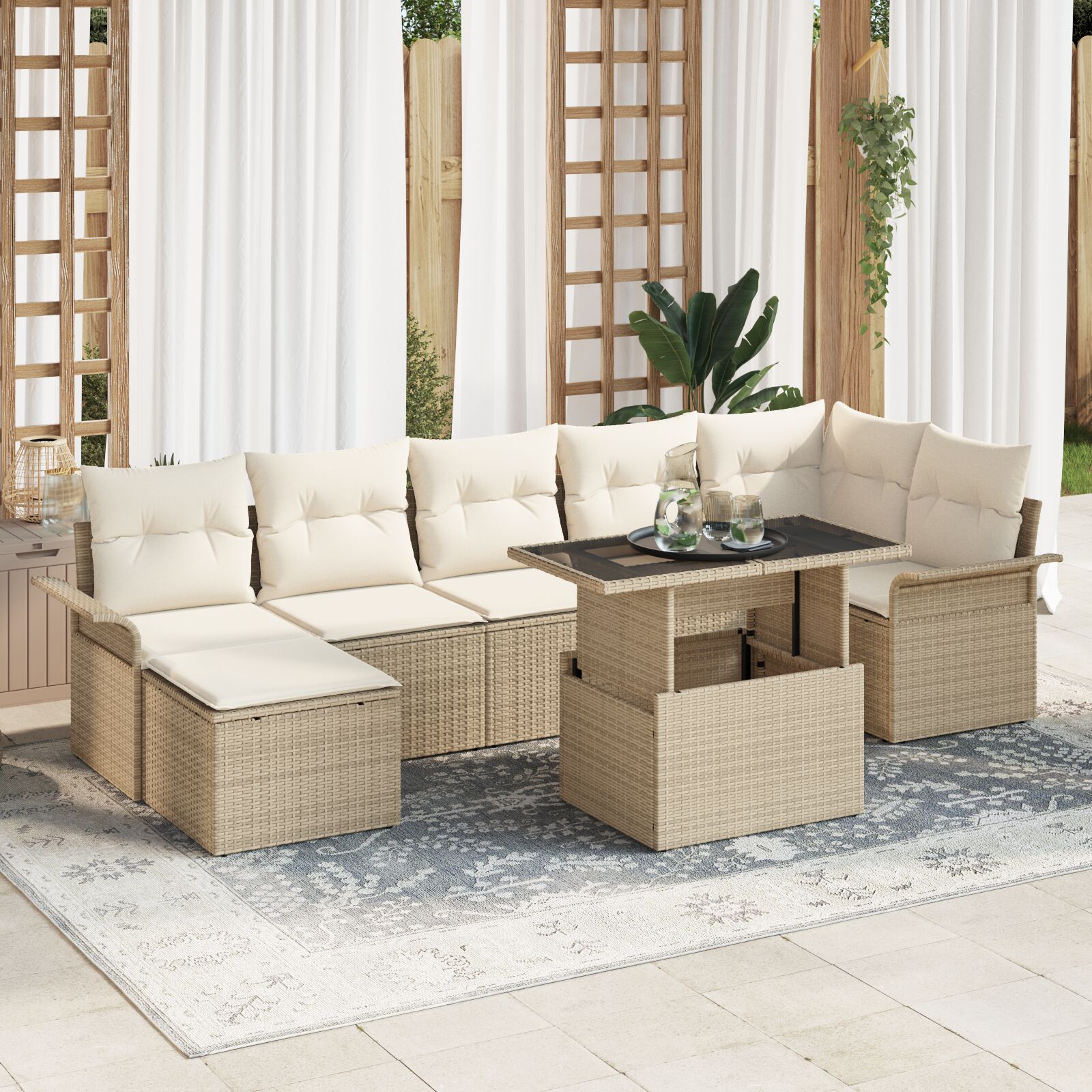 8-teiliges Garten Sofa Set mit Kissen Beige Poly Rattan