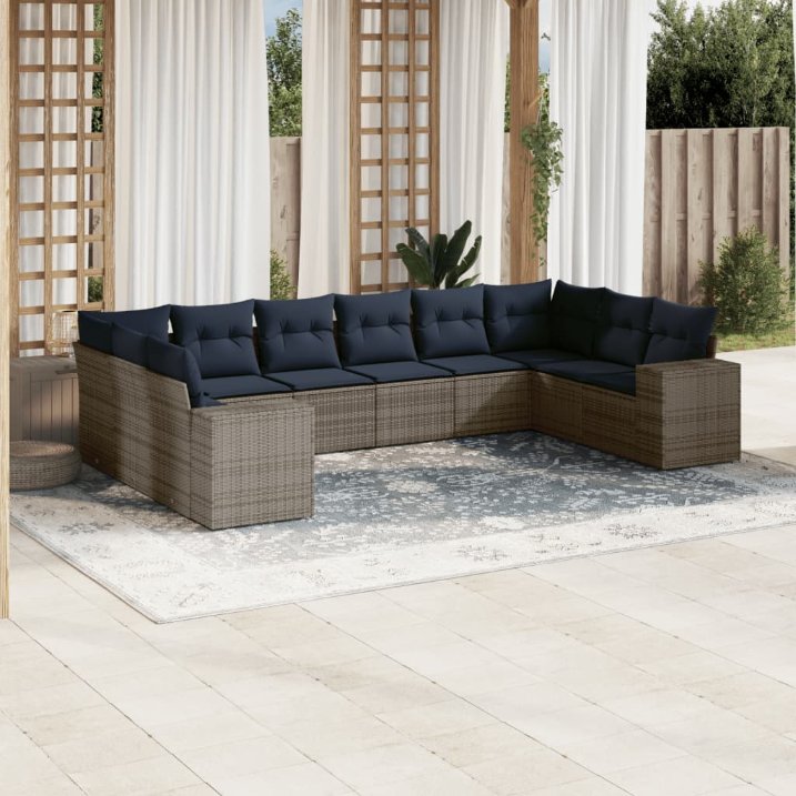 10-teiliges Gartensofa-Set mit Kissen, grau, Polyrattan 10-teiliges Gartensofa-Set mit Kissen, grau, Polyrattan
