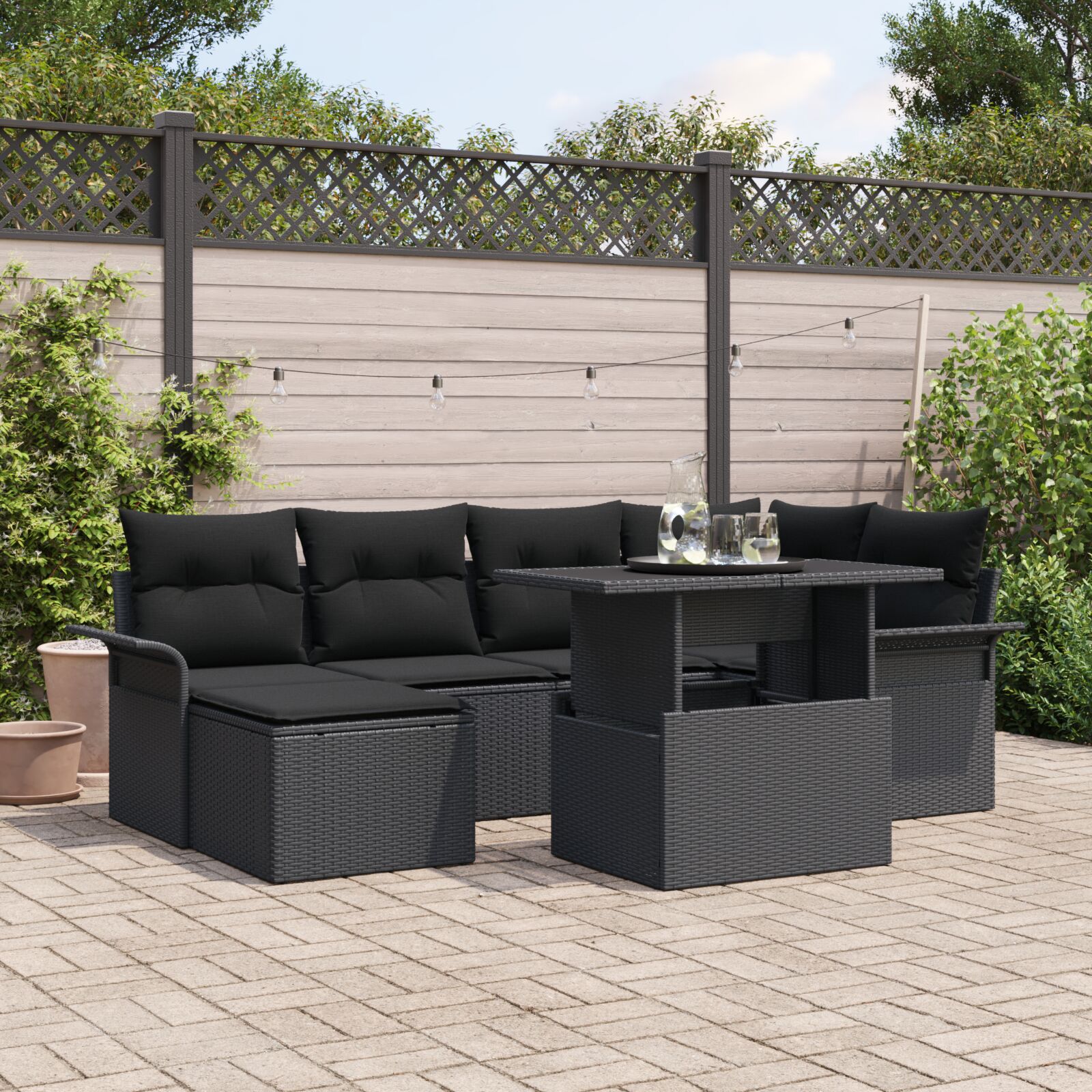 7-teiliges Garten Sofa Set mit Kissen Schwarz Poly Rattan