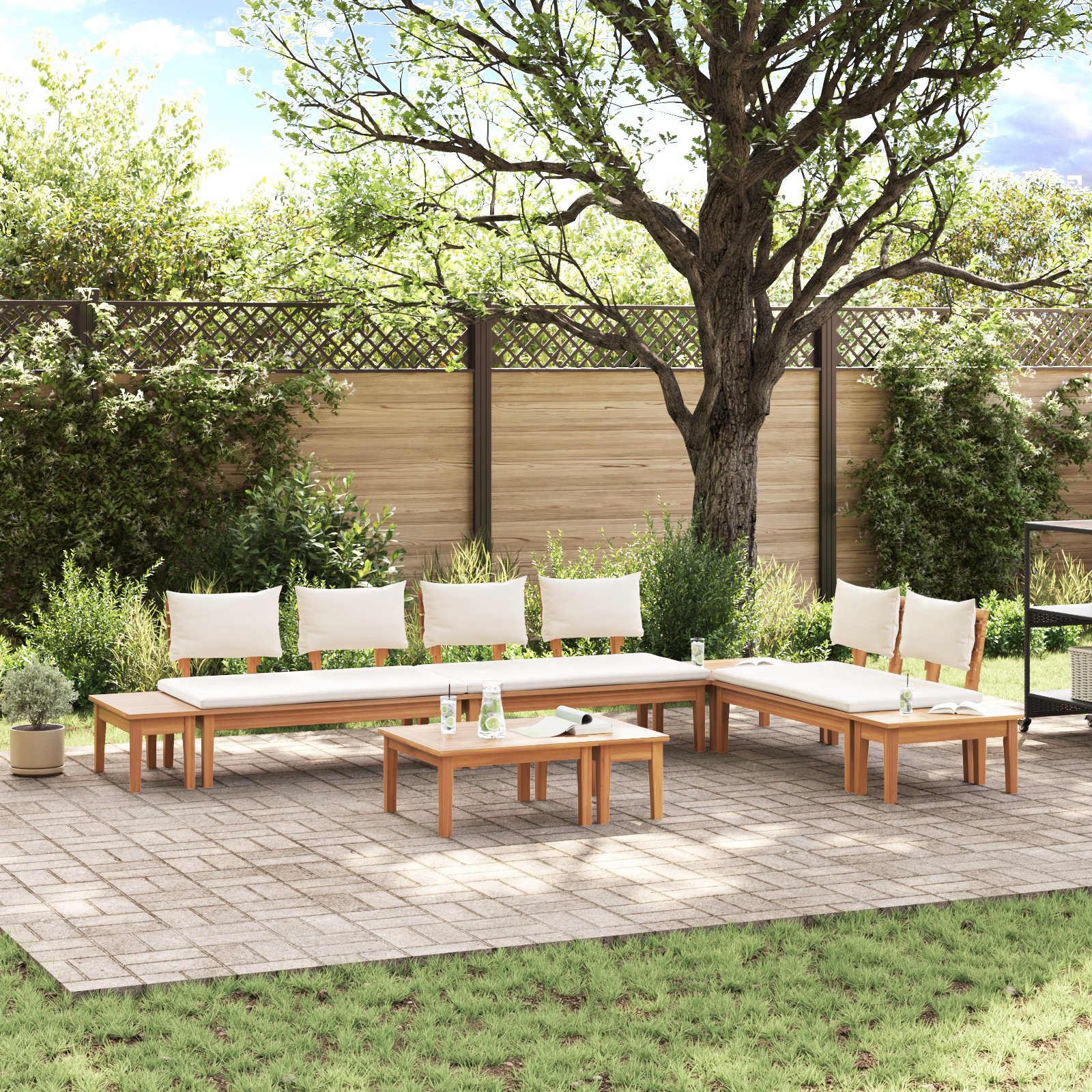 Gartenbänke Set 5 pcs Braun und Creme 2-Sitzer S Massivholz