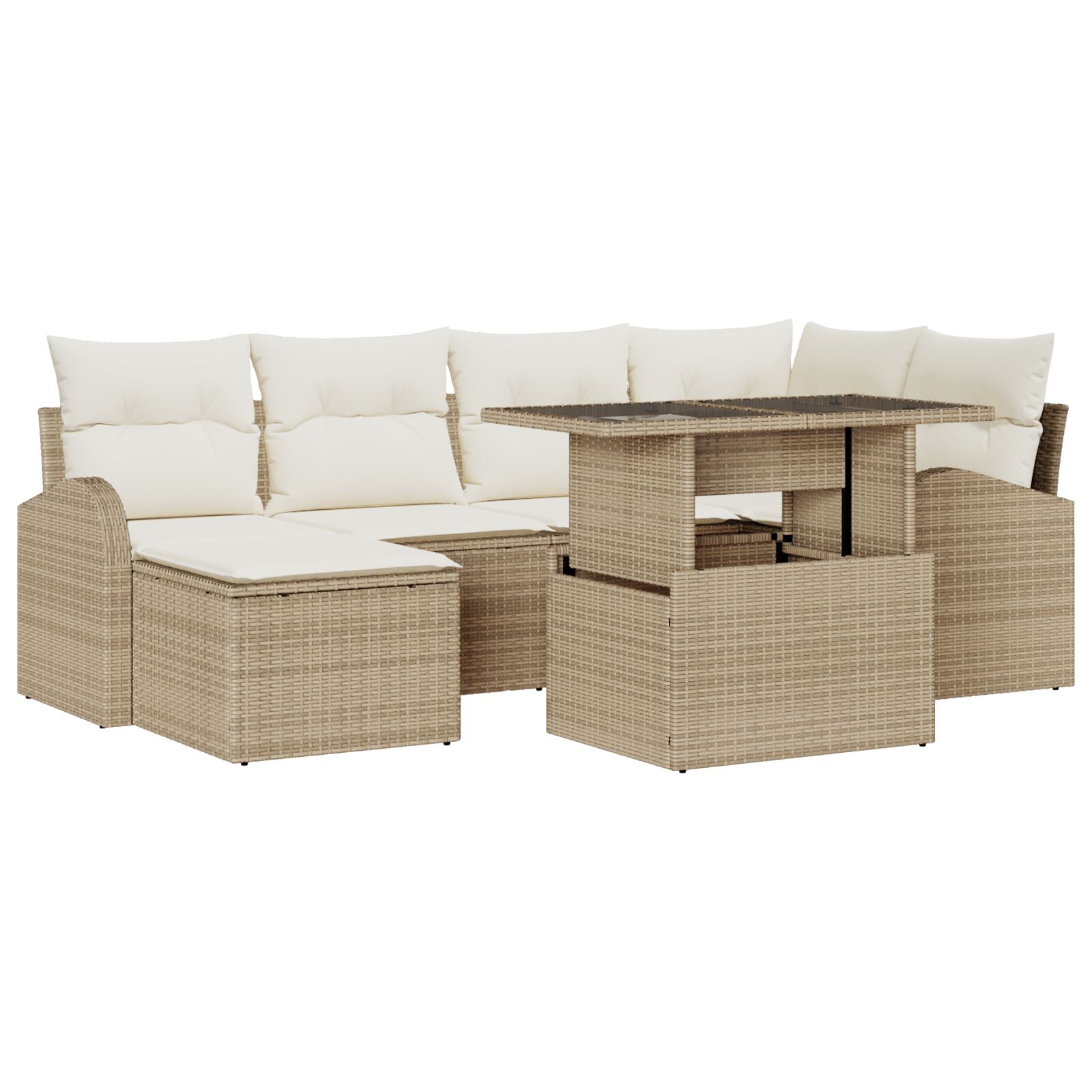 7-teiliges Garten Sofa Set mit Kissen Beige Poly Rattan, 2-Sitzer Garten Sofa mit Stauraum & Kissen Beige Poly Rattan 7-teiliges Garten Sofa Set mit Kissen Beige Poly Rattan, 2-Sitzer Garten Sofa mit Stauraum & Kissen Beige Poly Rattan