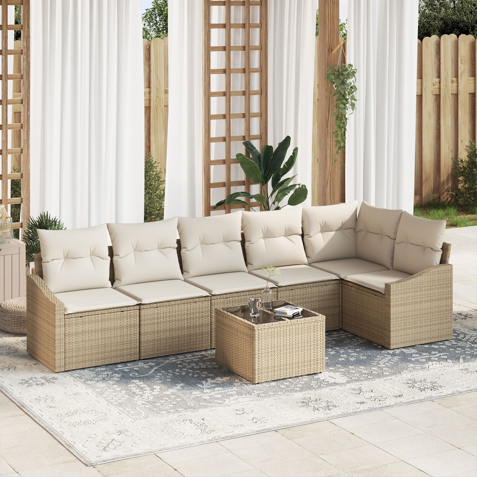 7-teiliges Garten-Sofa-Set mit Kissen Braun Poly Rattan 7-teiliges Garten-Sofa-Set mit Kissen Braun Poly Rattan