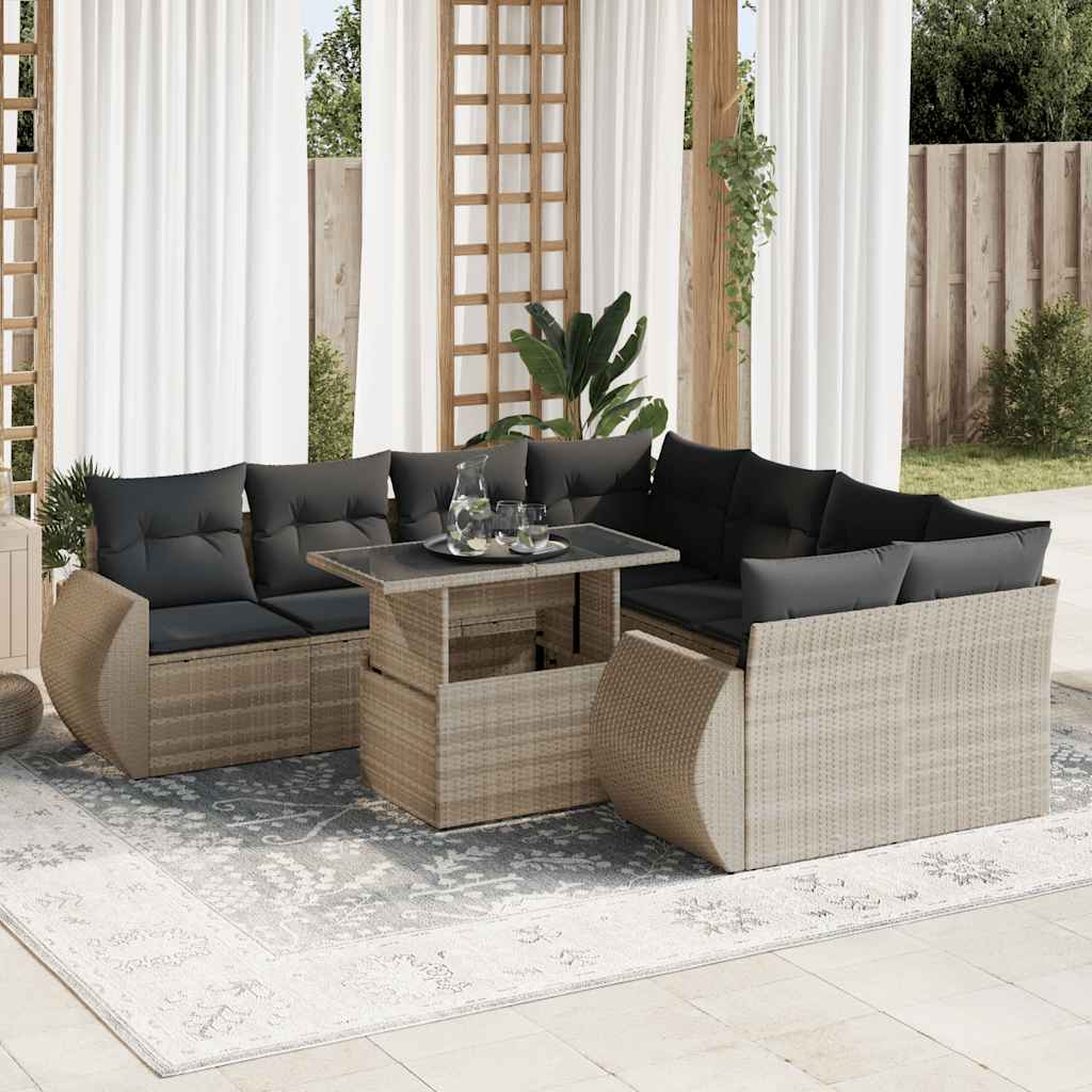 9-tlg. Garten-Sofagarnitur mit Kissen Hellgrau Poly Rattan 9-tlg. Garten-Sofagarnitur mit Kissen Hellgrau Poly Rattan