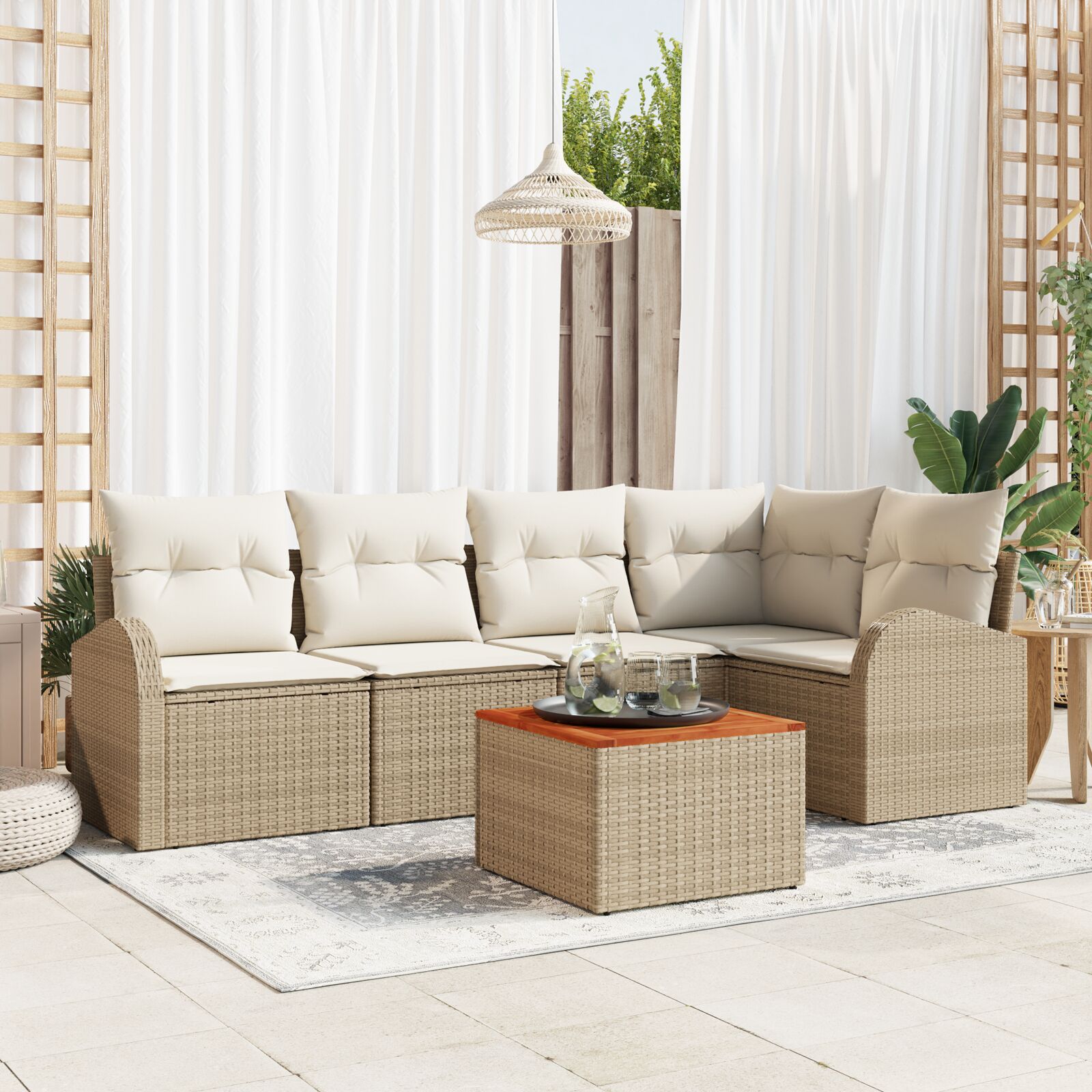 6-teiliges Garten Sofa Set mit Kissen, Beige, Poly Rattan, Akazie 6-teiliges Garten Sofa Set mit Kissen, Beige, Poly Rattan, Akazie