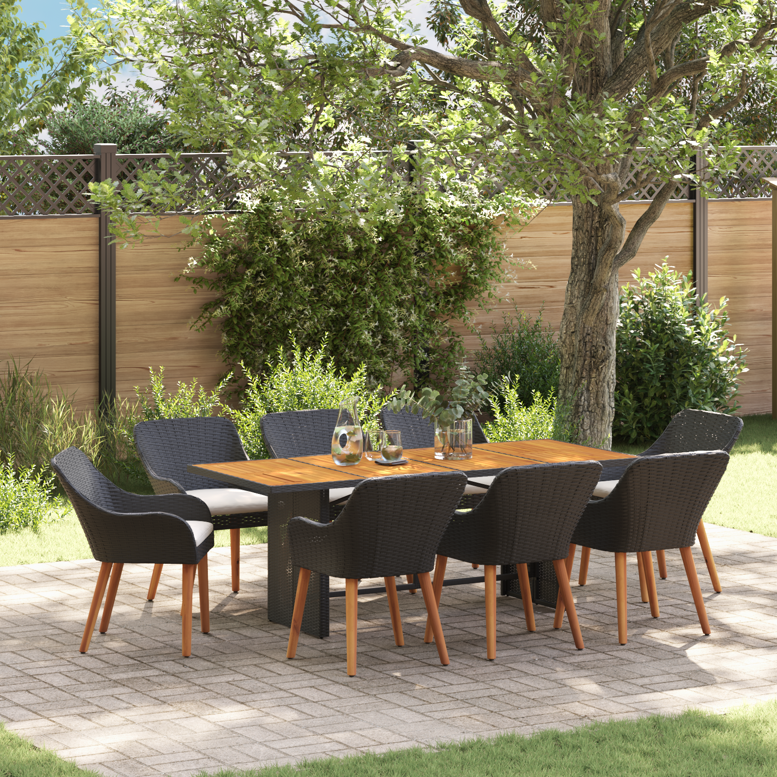 9-teiliges Garten Esstisch Set Schwarzes Poly Rattan