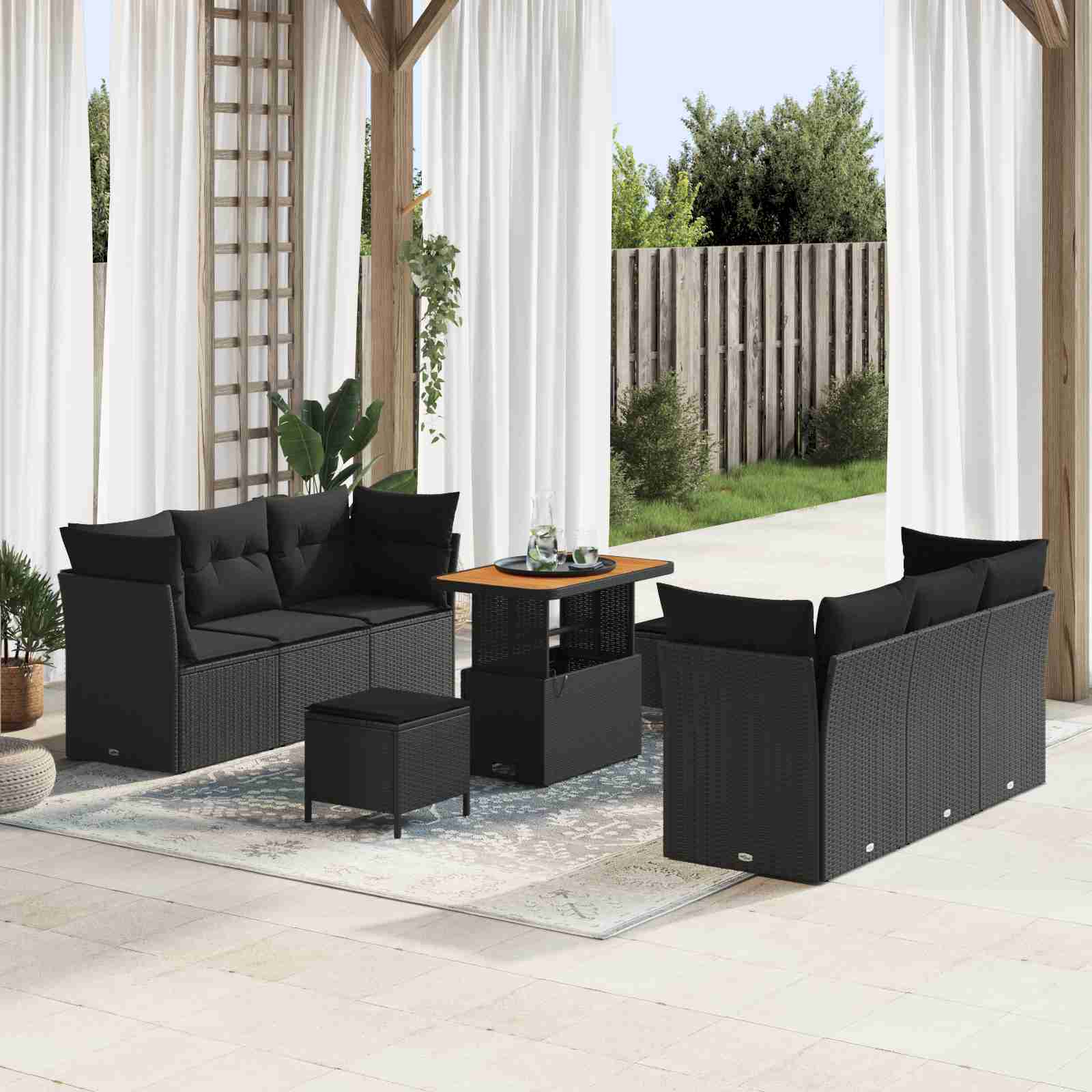 9-teiliges Garten Sofa Set mit Kissen Schwarz Poly Rattan Akazie