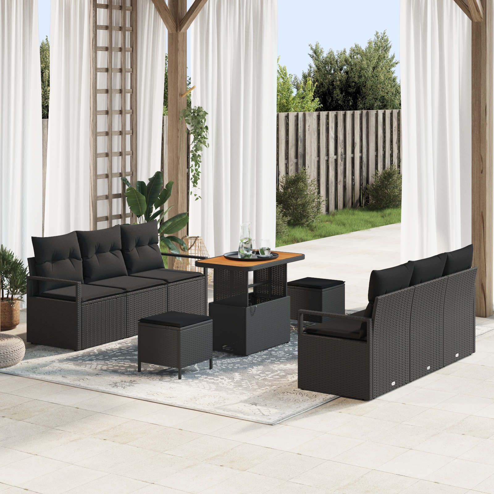 Garten-Sofa-Set mit Kissen mit Kissen 9 pcs Schwarz Poly Rattan