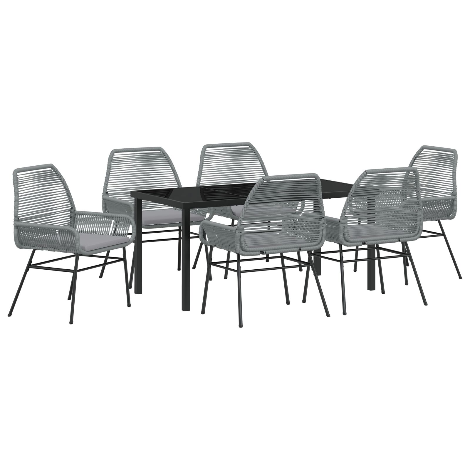 7-teiliges Garten-Esszimmer-Set mit Kissen in Grau aus Poly-Rattan