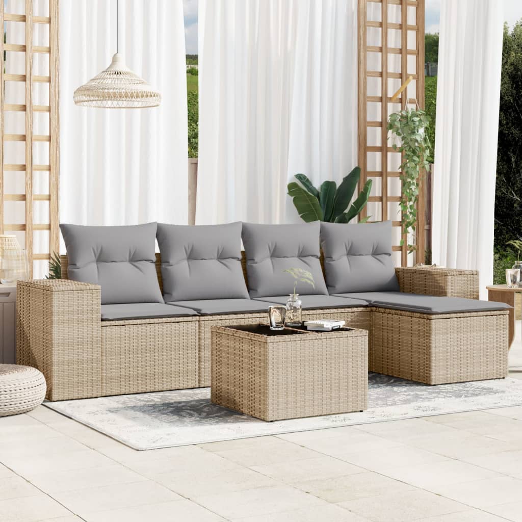 6-tlg. Garten-Sofagarnitur mit Kissen Beige Poly Rattan 6-tlg. Garten-Sofagarnitur mit Kissen Beige Poly Rattan