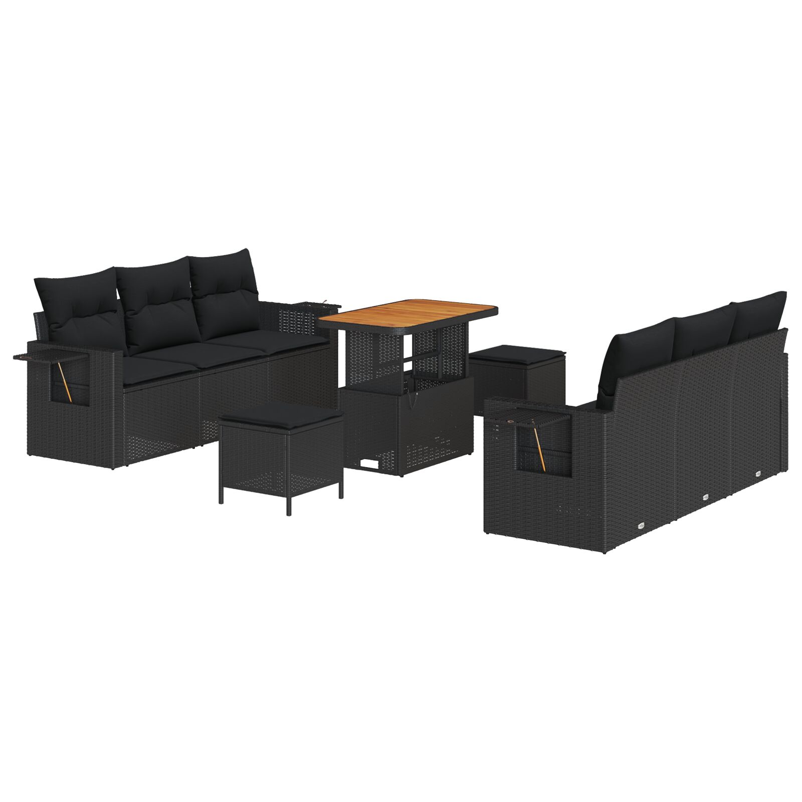 9-teiliges Garten Sofa Set mit Kissen Schwarz Poly Rattan Akazie, 3-teiliges Garten Esstisch Set mit Kissen Schwarz Poly Rattan Akazie 9-teiliges Garten Sofa Set mit Kissen Schwarz Poly Rattan Akazie, 3-teiliges Garten Esstisch Set mit Kissen Schwarz Poly Rattan Akazie