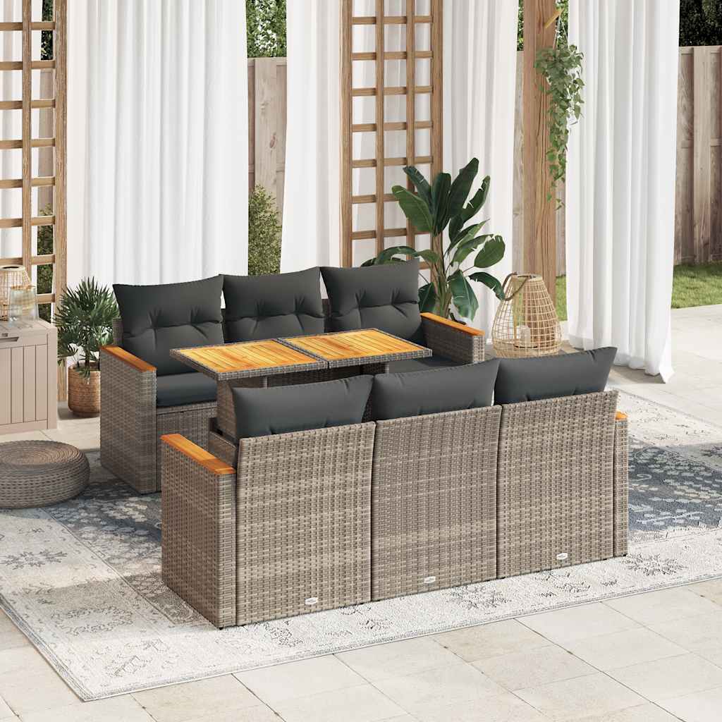 7-tlg. Garten-Sofagarnitur mit Kissen Grau Poly Rattan Akazie 7-tlg. Garten-Sofagarnitur mit Kissen Grau Poly Rattan Akazie