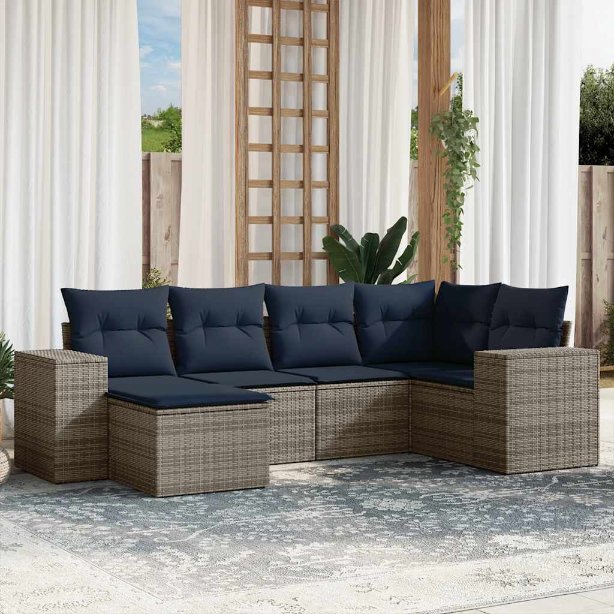 6-teiliges Gartensofa-Set mit Kissen, grau, Polyrattan 6-teiliges Gartensofa-Set mit Kissen, grau, Polyrattan