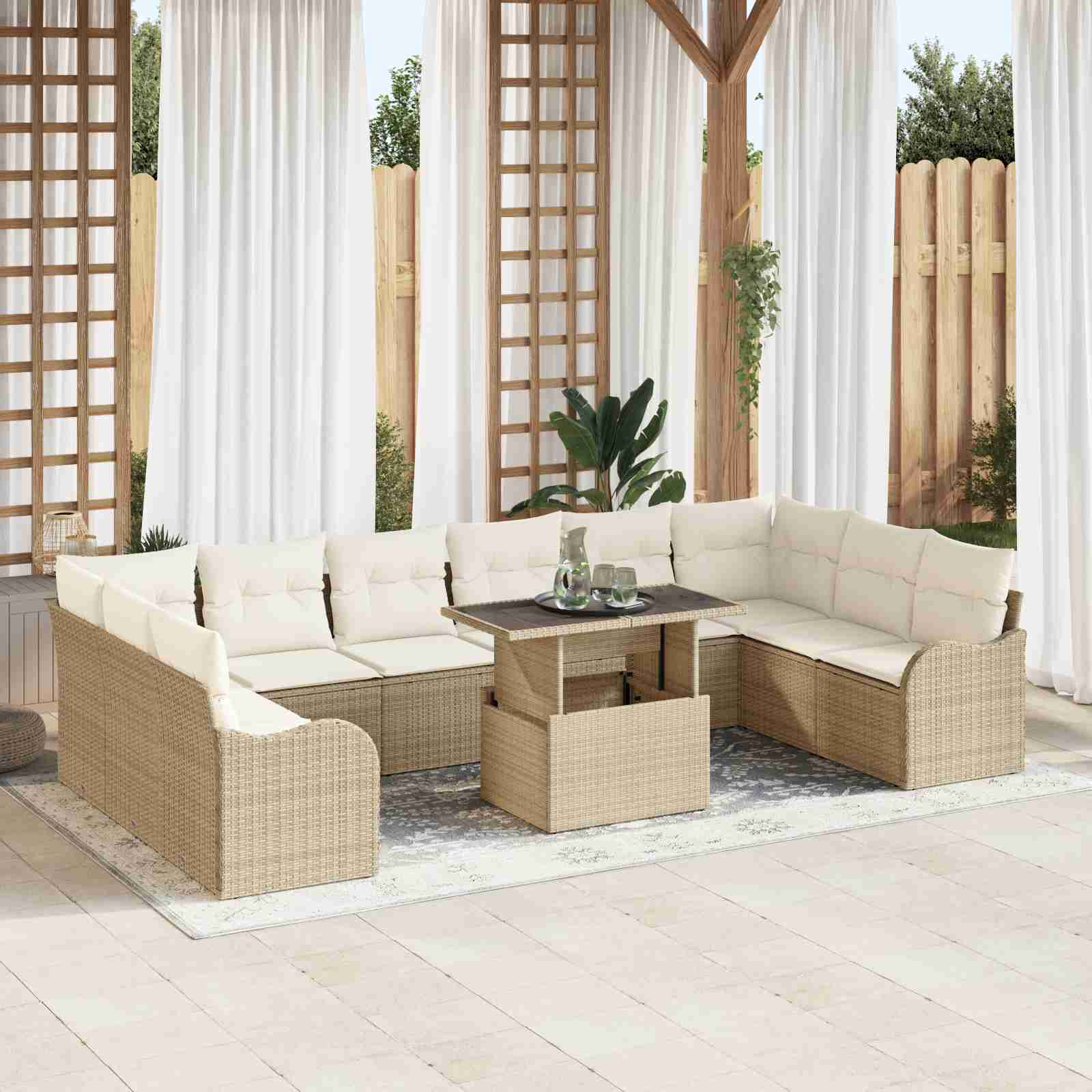 11-teiliges Garten-Sofa-Set mit Kissen Beige Poly Rattan 11-teiliges Garten-Sofa-Set mit Kissen Beige Poly Rattan