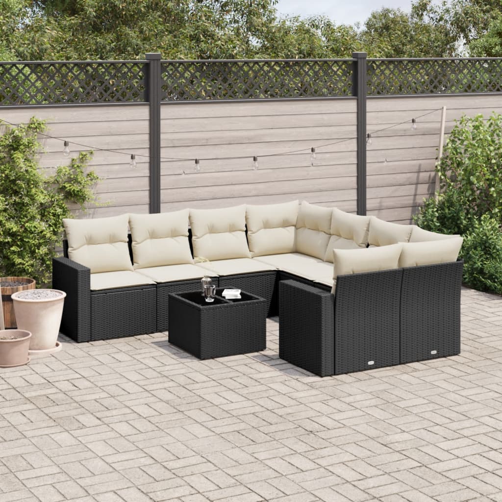 9-tlg. Garten-Sofagarnitur mit Kissen Schwarz Poly Rattan 9-tlg. Garten-Sofagarnitur mit Kissen Schwarz Poly Rattan