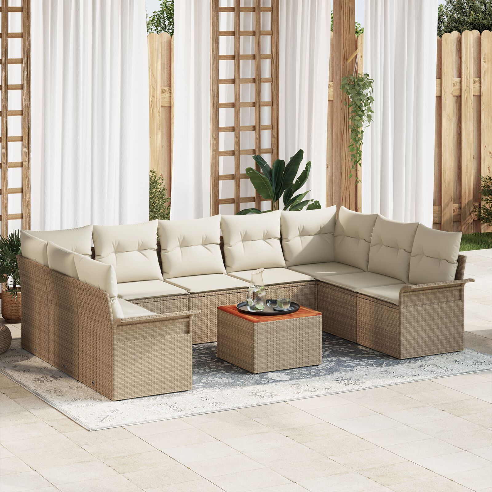 10-teiliges Garten Sofa Set mit Kissen Beige Poly-Rattan Akazie 10-teiliges Garten Sofa Set mit Kissen Beige Poly-Rattan Akazie