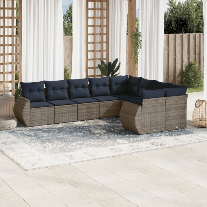 9-teiliges Gartensofa-Set mit Kissen, grau, Polyrattan 9-teiliges Gartensofa-Set mit Kissen, grau, Polyrattan