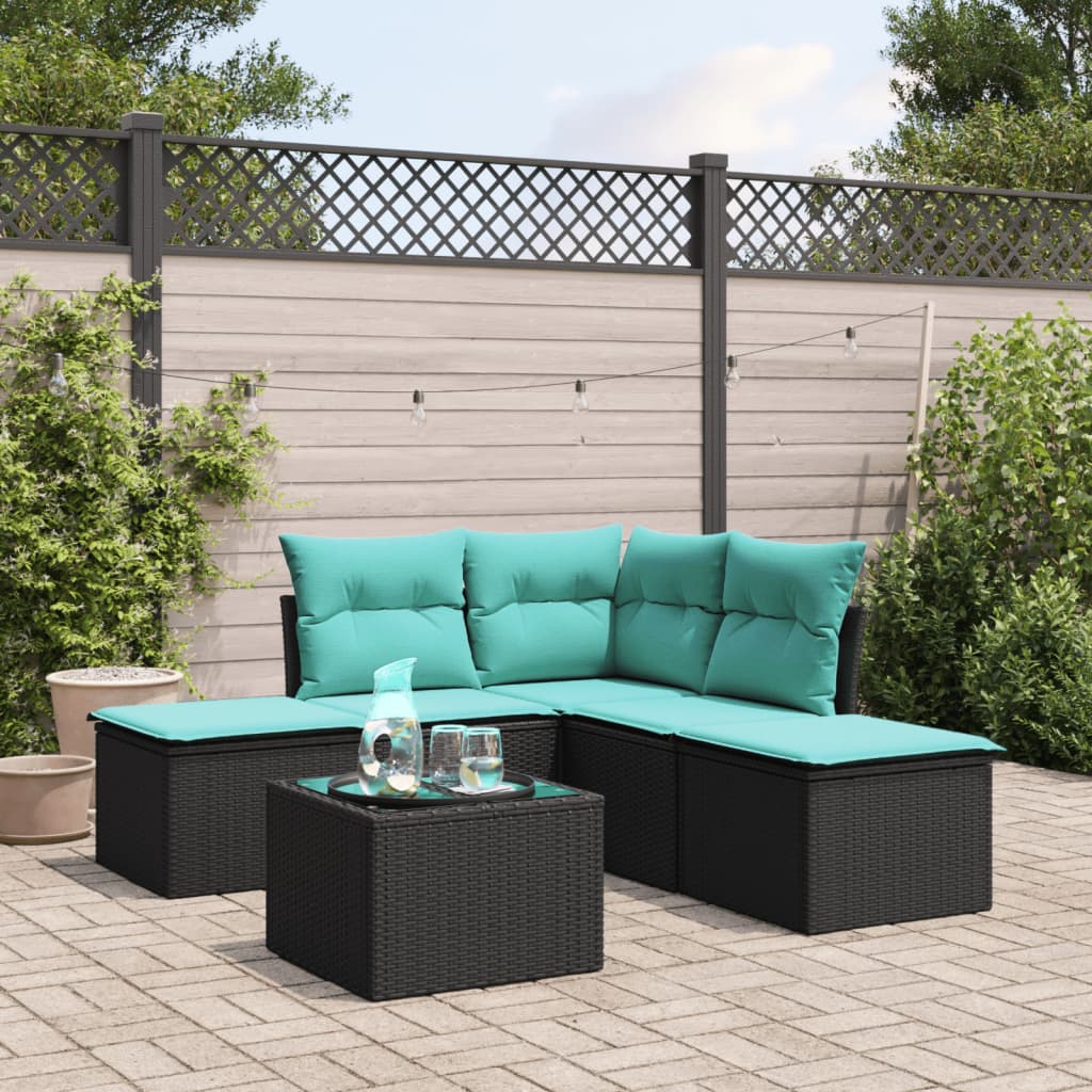 6-tlg. Garten-Sofagarnitur mit Kissen Schwarz Poly Rattan