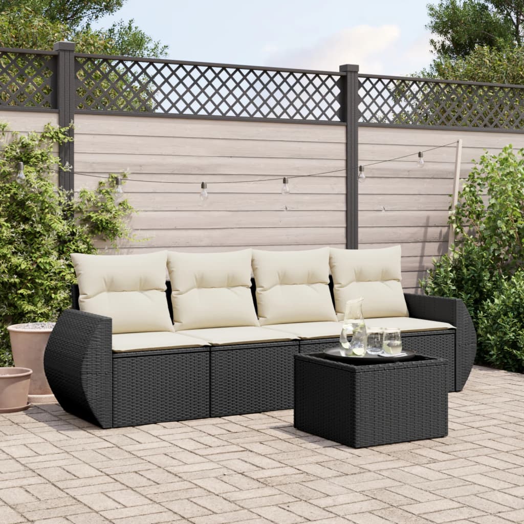 5-tlg. Garten-Sofagarnitur mit Kissen Schwarz Poly Rattan