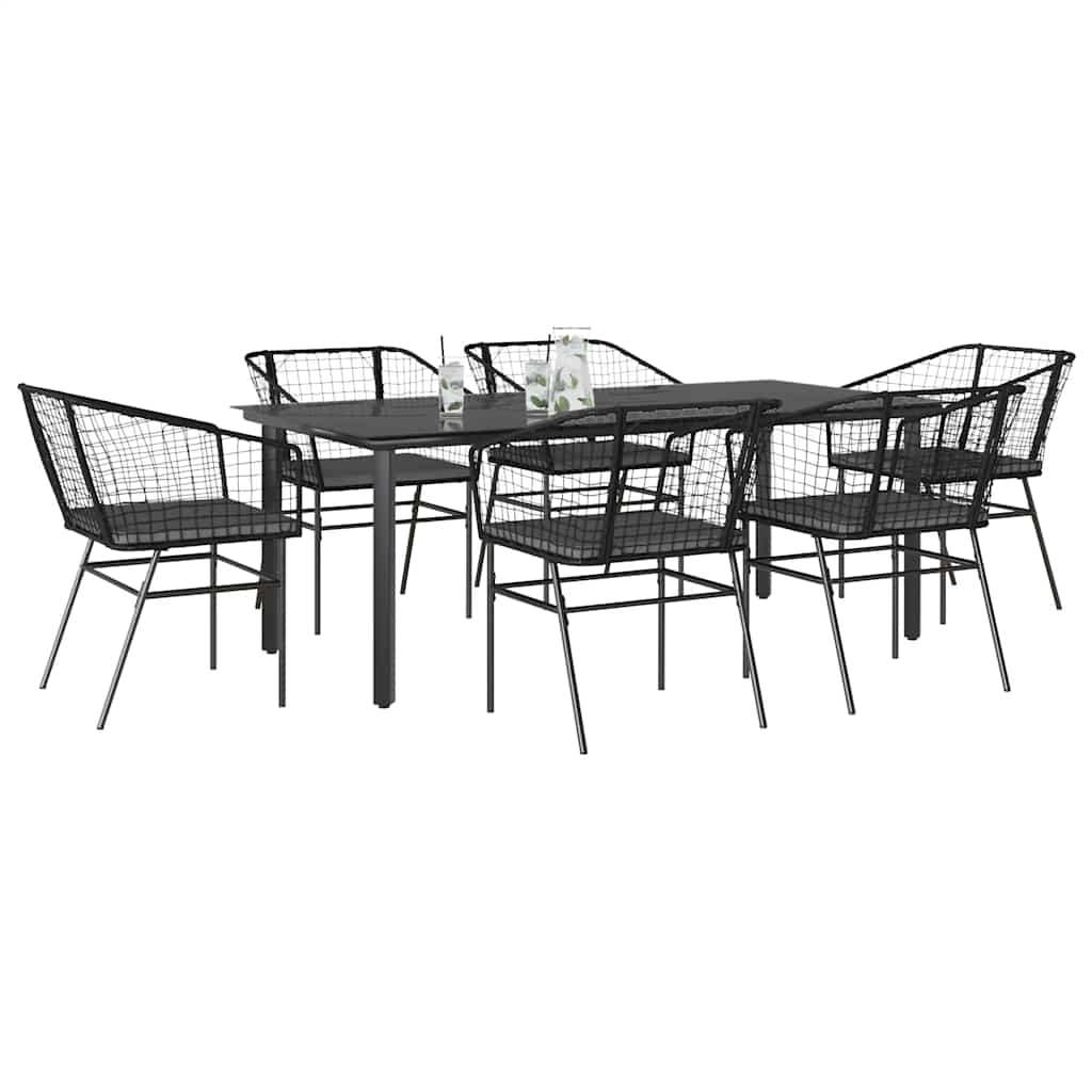 7-tlg. Garten-Essgruppe mit Kissen Schwarz Poly Rattan Glas 7-tlg. Garten-Essgruppe mit Kissen Schwarz Poly Rattan Glas