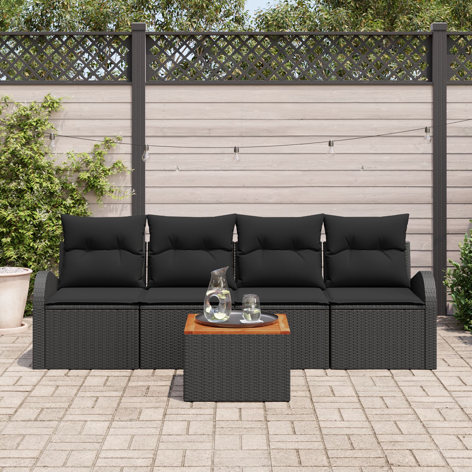 5-teiliges Garten-Sofaset mit Kissen Schwarz Poly-Rattan Akazie